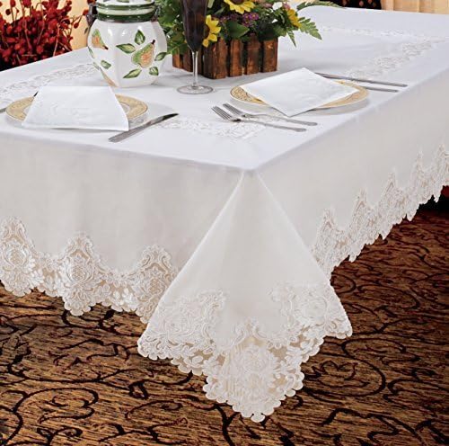Violet Linen Imperial Embroidered Vintage Lace Design 70" X 105" Oblong/Rectangle Tablecloth in White