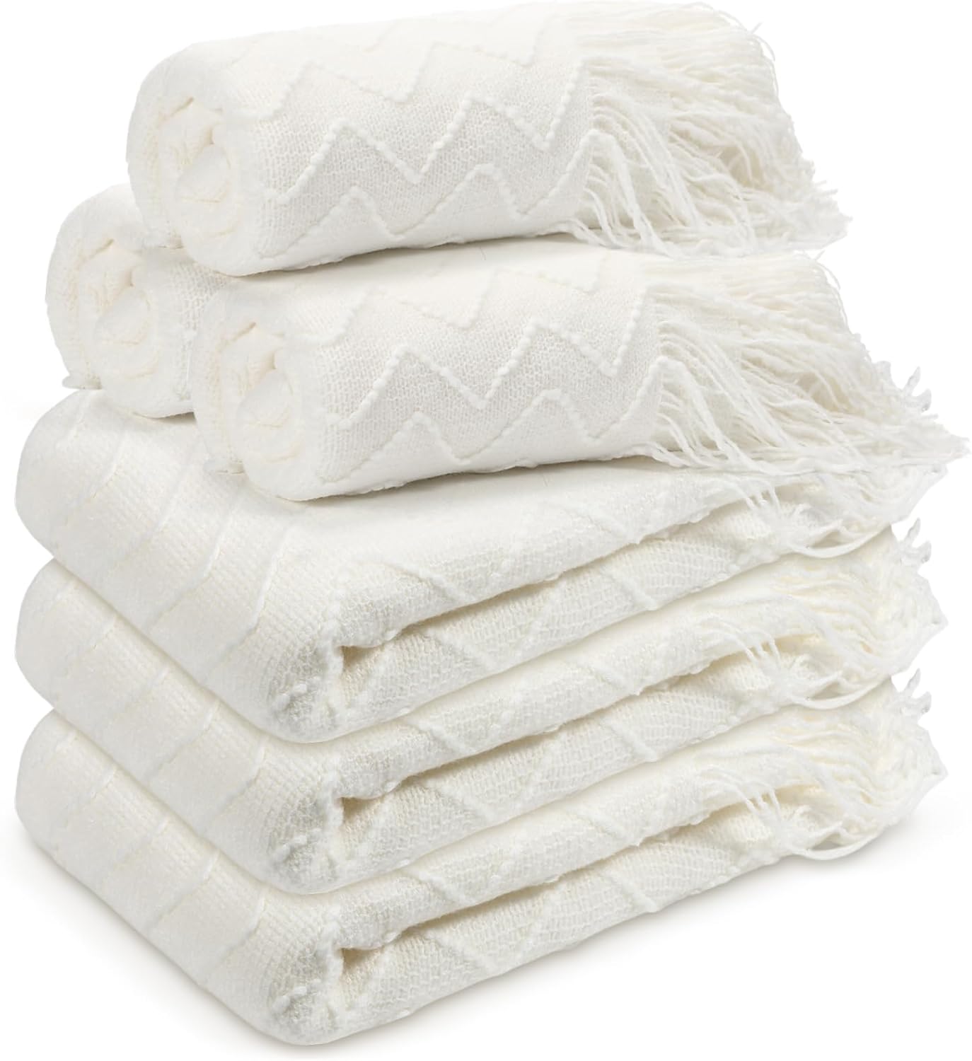 Buryeah 6 Pack Boho Knitted Throw Blankets with Tassels 50 x 60 Inch Soft Warm Rhombus Textured Blankets Bulk for Wedding Guests Christmas Birthday Employee Teacher Appreciation Gifts (Neutral Color)