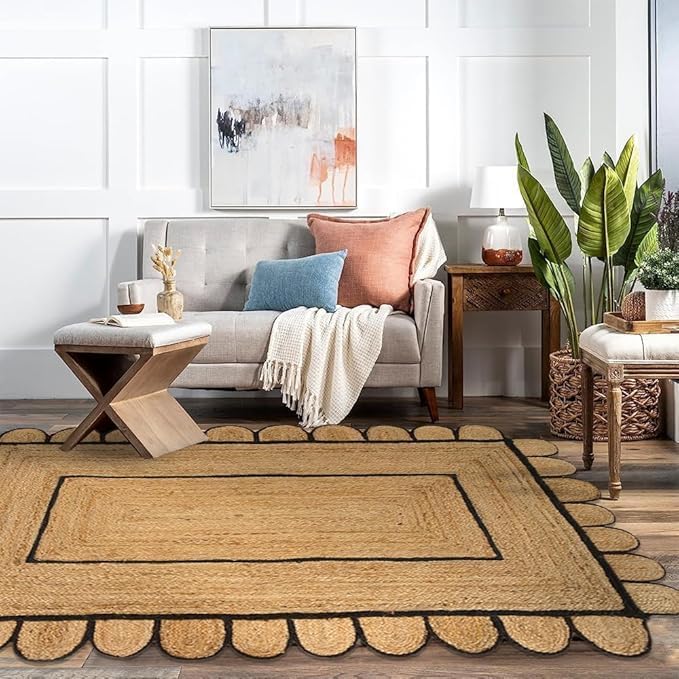 GRUHUM Jute Cotton Area Rug 8'x10' ft Large Hand Woven Natural Farmhouse Rug for Living Room, Bedroom Kitchen - Rustic Vintage Bohemian Eco-Friendly Carpet Home Décor 8x10 ft Natural Boho Rug