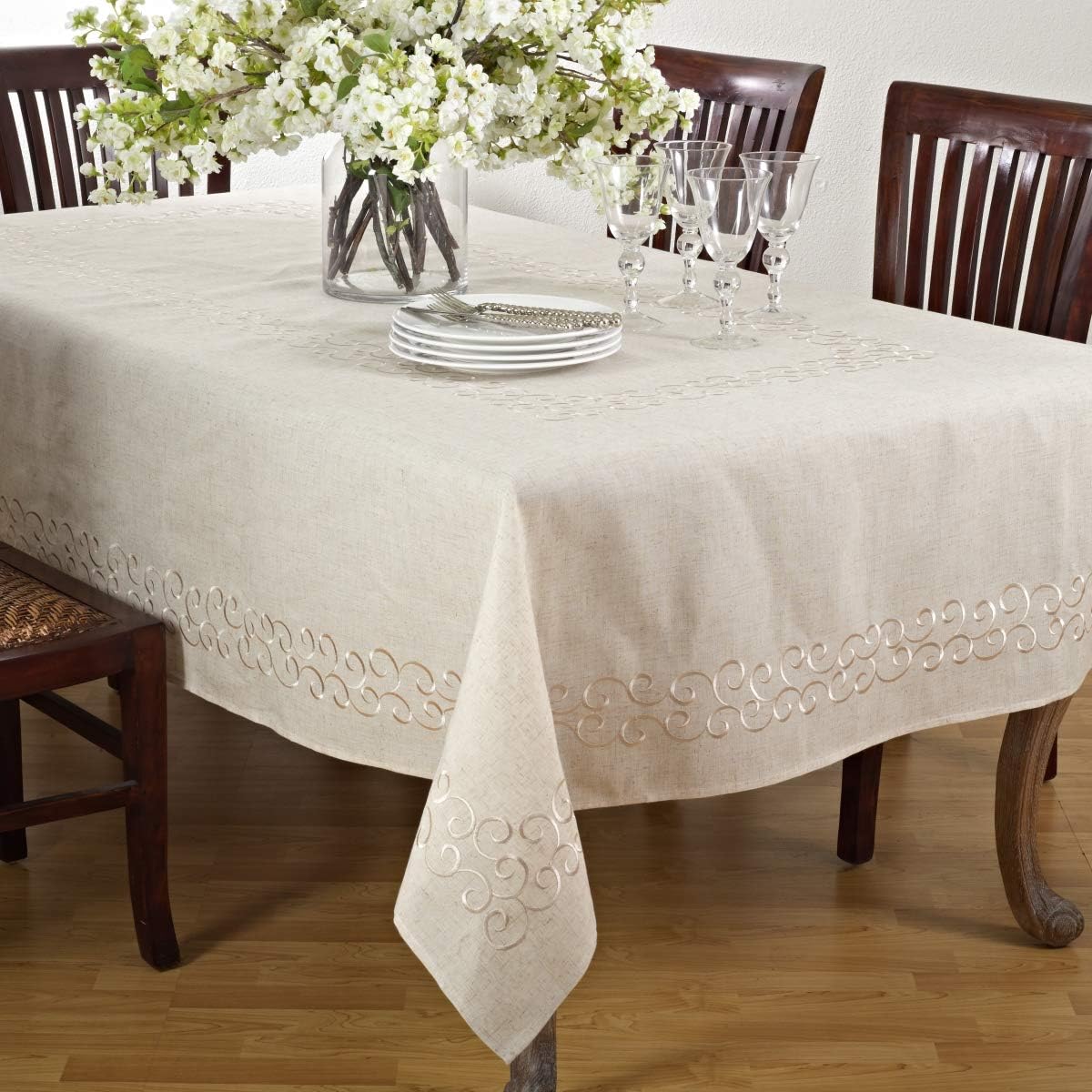 SARO LIFESTYLE Swirling Collection Design Tablecloth, 67" x 160", Natural