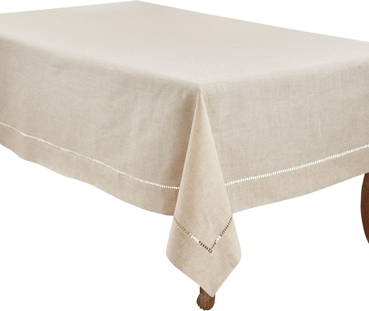 SARO LIFESTYLE Poly and Linen Blend Toscana Tablecloth with Hemstitch Border, Natural, 65"x160"