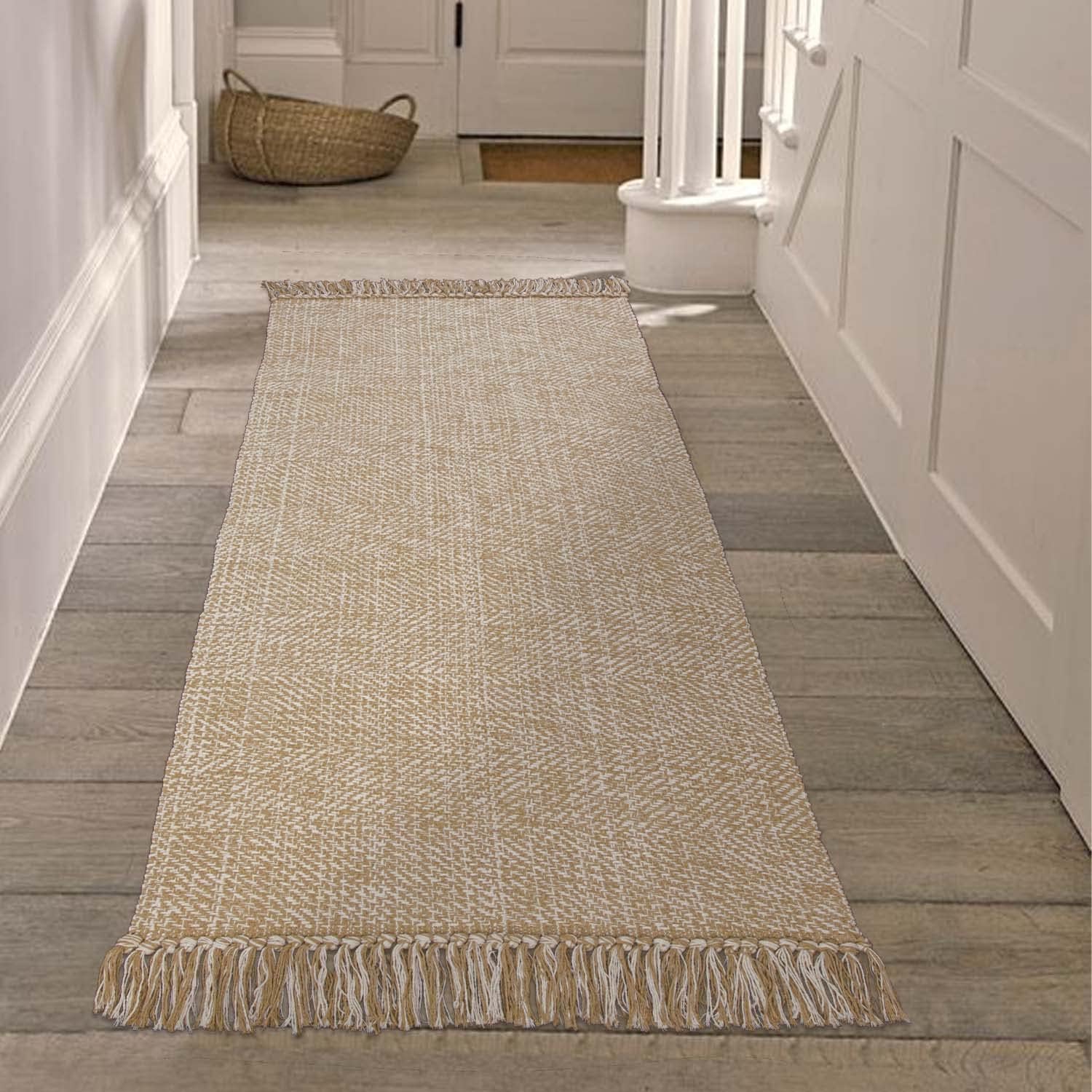 Collive Comfy Area Rug 4' x 6', Tan/Cream Woven Cotton Bedroom Rugs, Modern Indoor Accent Rug Floor Carpet with Tassel for Living Room, Nursery Room, Dining Room, Bedside, Office, Patio Decor