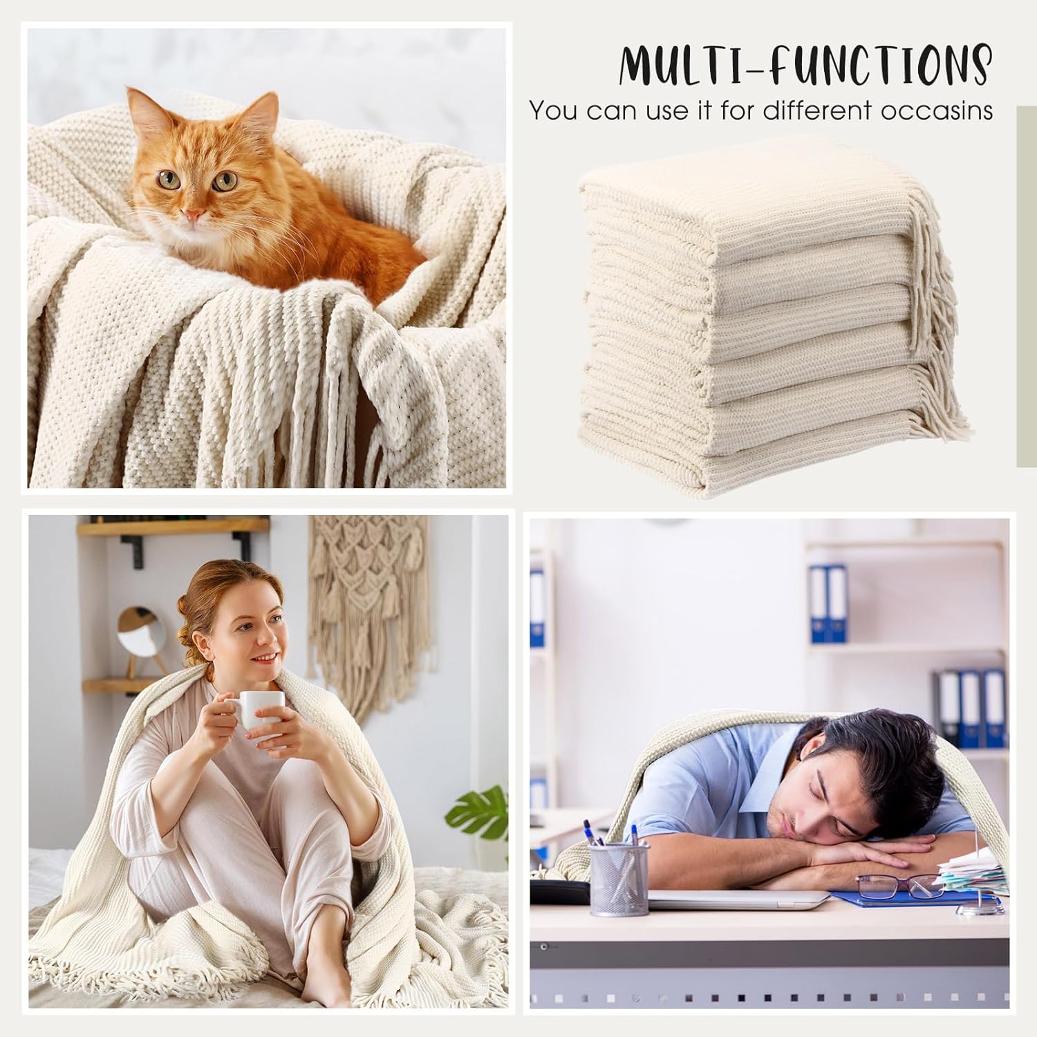 6 Pcs Beige Boho Throw Blankets Bulk Cozy Knitted Bed Throw Blanket with Tassels Woven Textured Decorative Throw Blanket for Couch Room Sofa Bed Chair Acrylic Wave Pattern, 50" x 60"