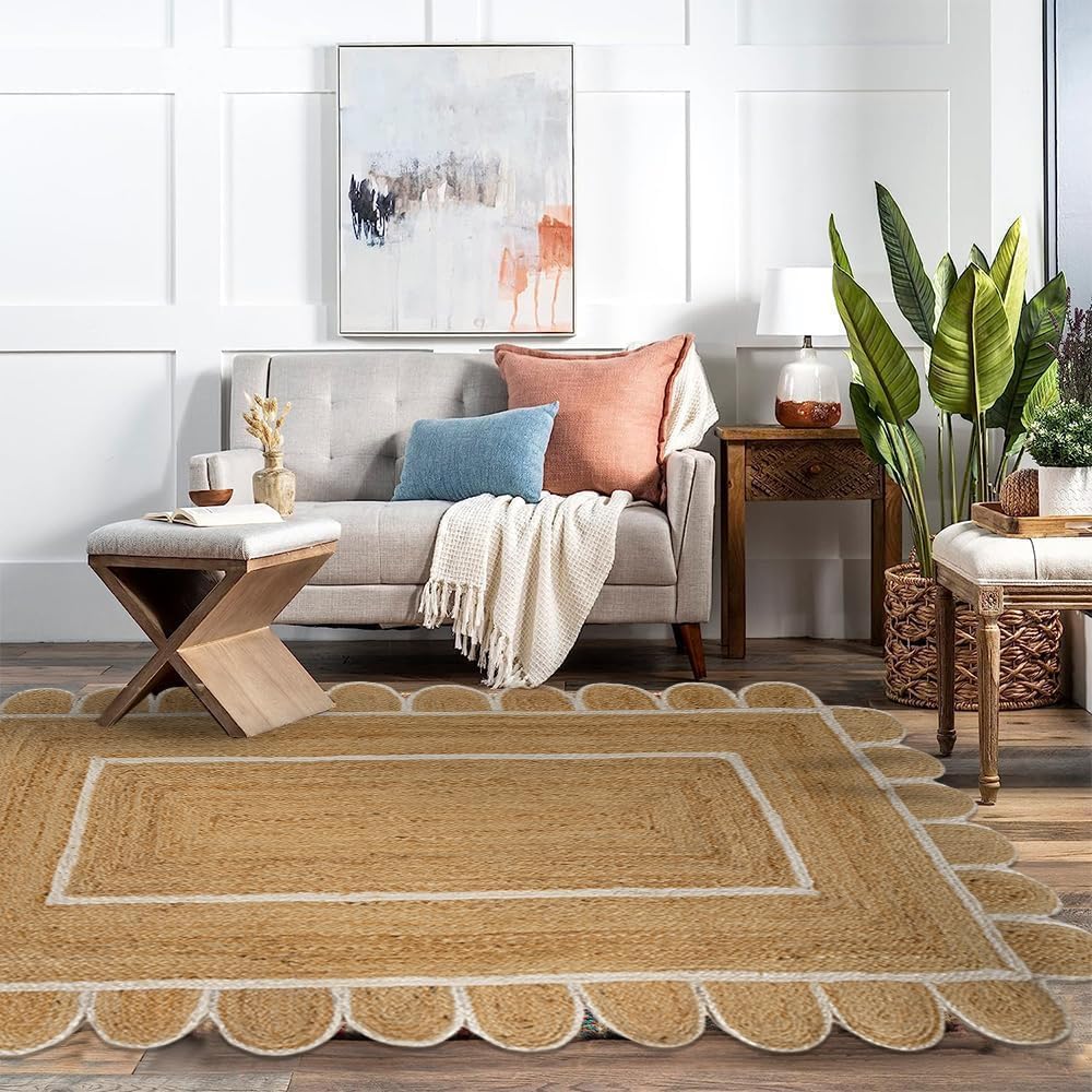 GRUHUM Jute Cotton Area Rug 8'x10' ft Large Hand Woven Natural Farmhouse Rug for Living Room, Bedroom Kitchen - Rustic Vintage Bohemian Eco-Friendly Carpet Home Décor 8x10 ft Natural Boho Rug