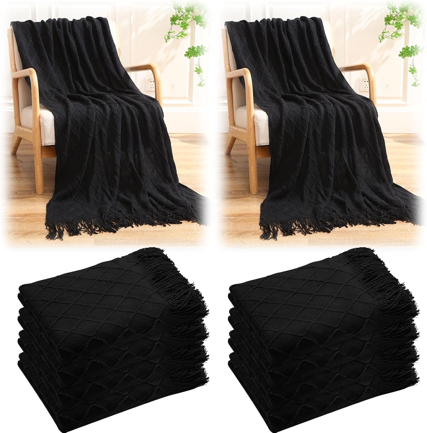 VitalCozy 51" x 71" Knitted Throw Blankets with Tassel Soft Warm Rhombus Textured Blankets for Graduation Season Employee Gifts Teacher Wedding Guests Appreciation Gifts Bulk(Green,10 Pcs)