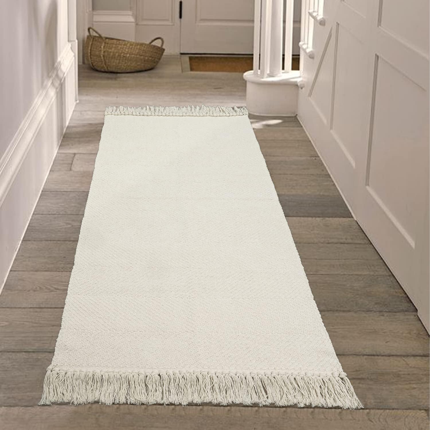 Collive Comfy Area Rug 4' x 6', Tan/Cream Woven Cotton Bedroom Rugs, Modern Indoor Accent Rug Floor Carpet with Tassel for Living Room, Nursery Room, Dining Room, Bedside, Office, Patio Decor