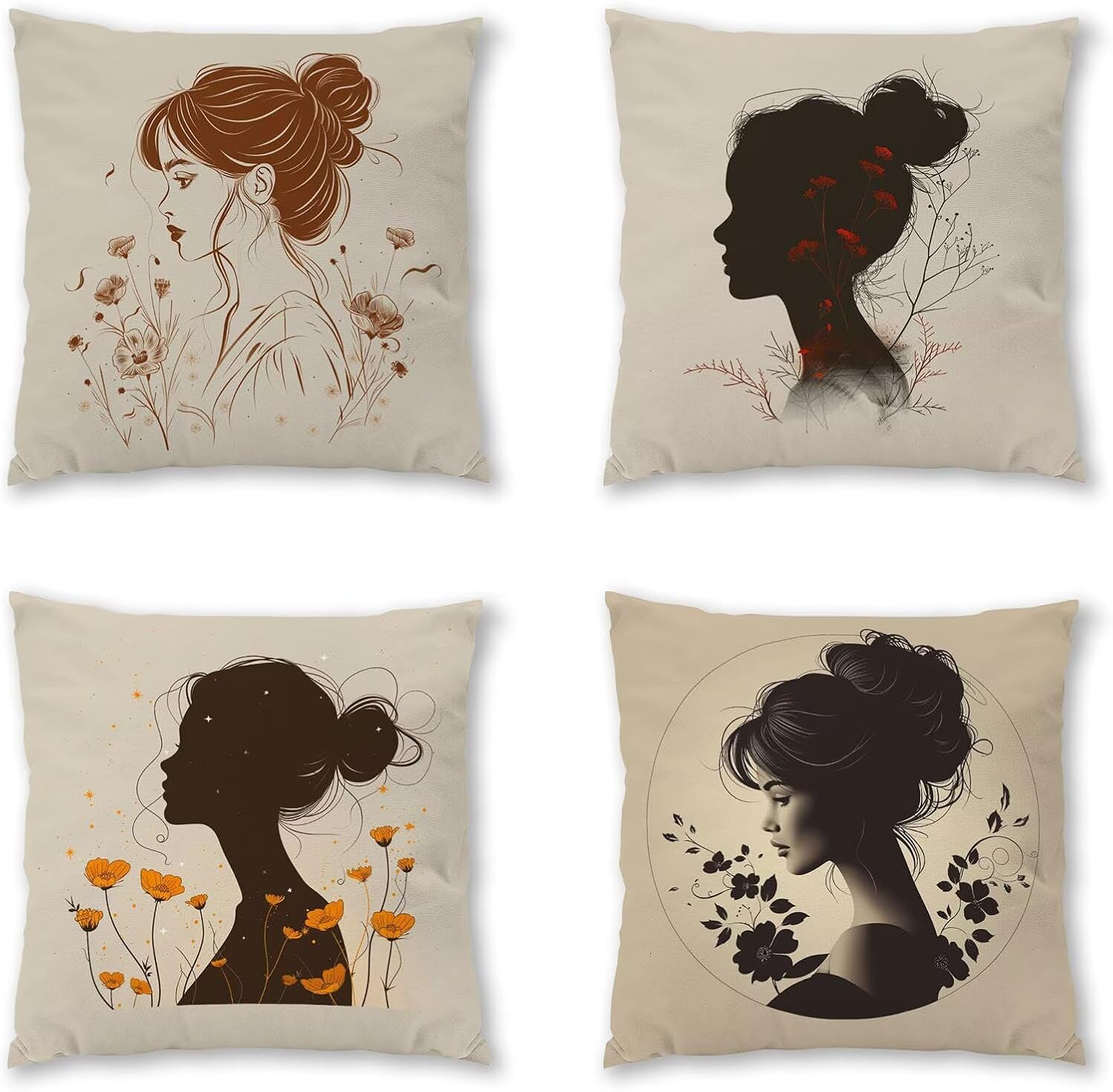 Woman Pillow Covers 30x30 inch, Cream Color Throw Pillow Covers, Set of 4 Outdoor Decorative Soft Velvet, Double-Sided Designs for Home Decor Living Room Decor (Pillow Inserts Not Included) 4-2697