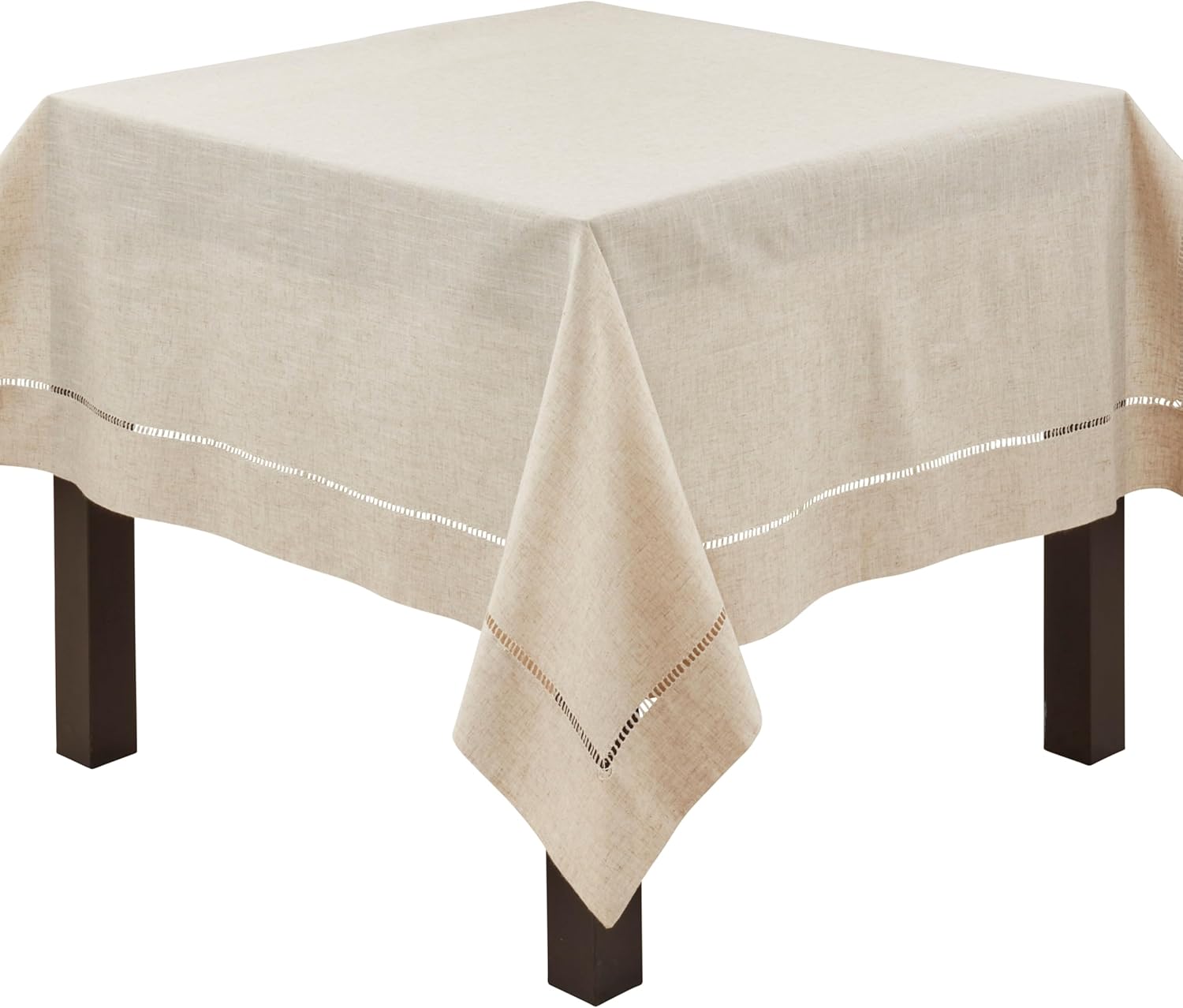 SARO LIFESTYLE Poly and Linen Blend Toscana Tablecloth with Hemstitch Border, Natural, 65"x160"