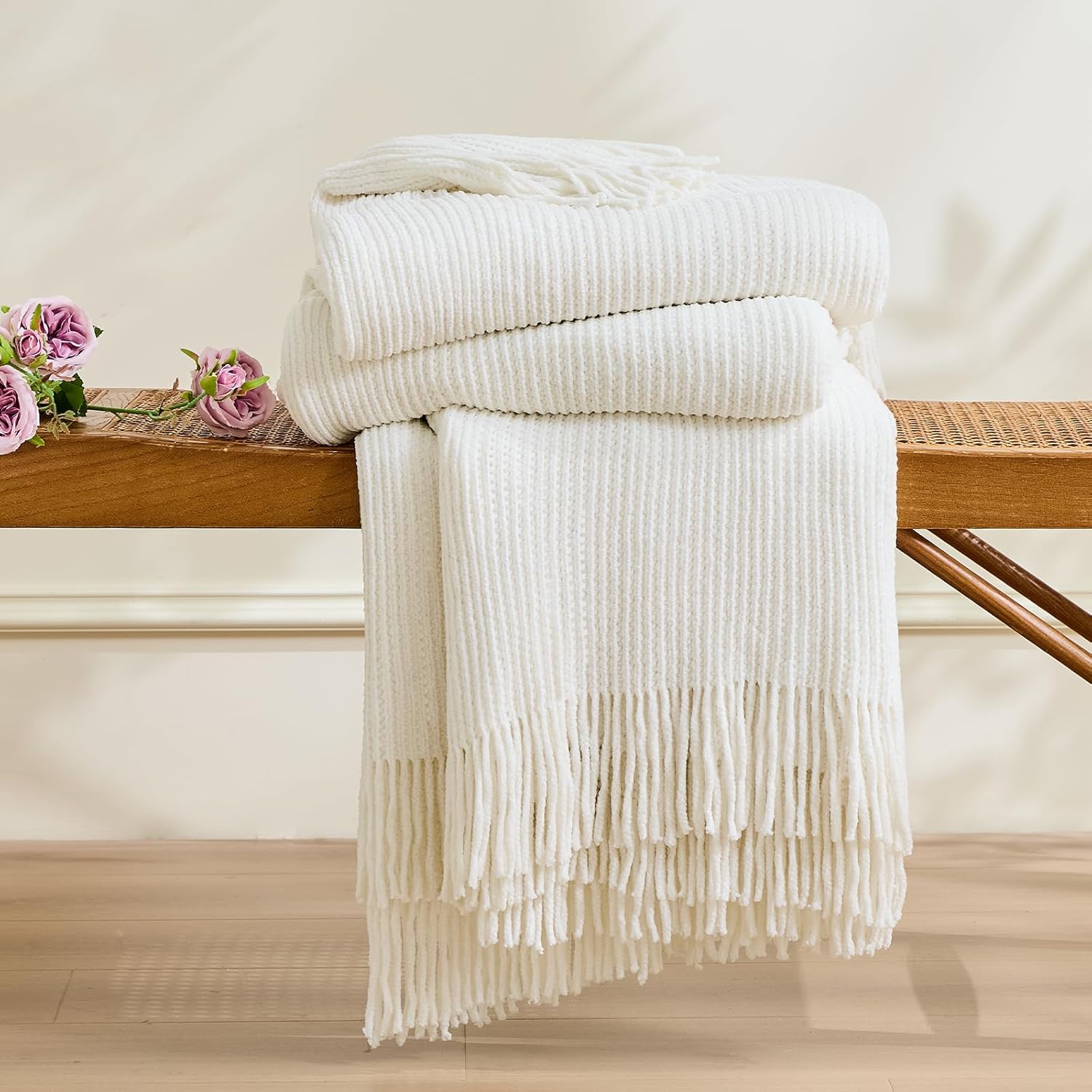 inhand Throw Blanket for Couch Bed,Chunky Chenille Woven Soft Blankets with Tassels, Cozy Boho Farmhouse Fall Winter Decor,Warm for Women,60"x80",Extra Thick-Off White