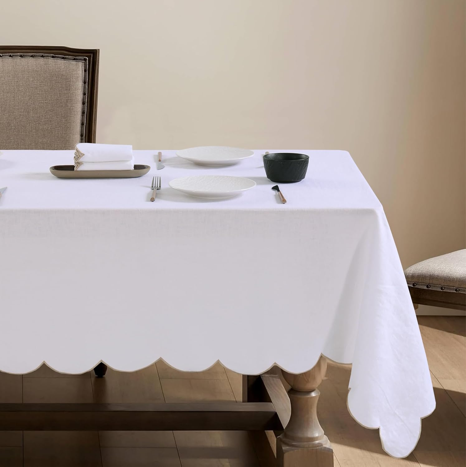 100% French Flax Linen Tablecloths Scalloped Embroidery Rectangle 144Lx60W Inch for Dinners, Spring, Machine Machine Washable, 12-14 Sets, Linen(Edges-Gold)