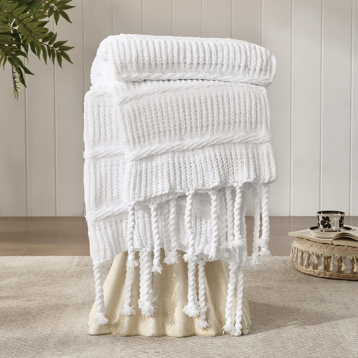 Boho Knitted Chenille Blanket with Tassels - Lightweight & Soft All-Season Throw - 3D Classic Pattern for Living Room Bedroom Couch, Cloud White, King 90"x108"