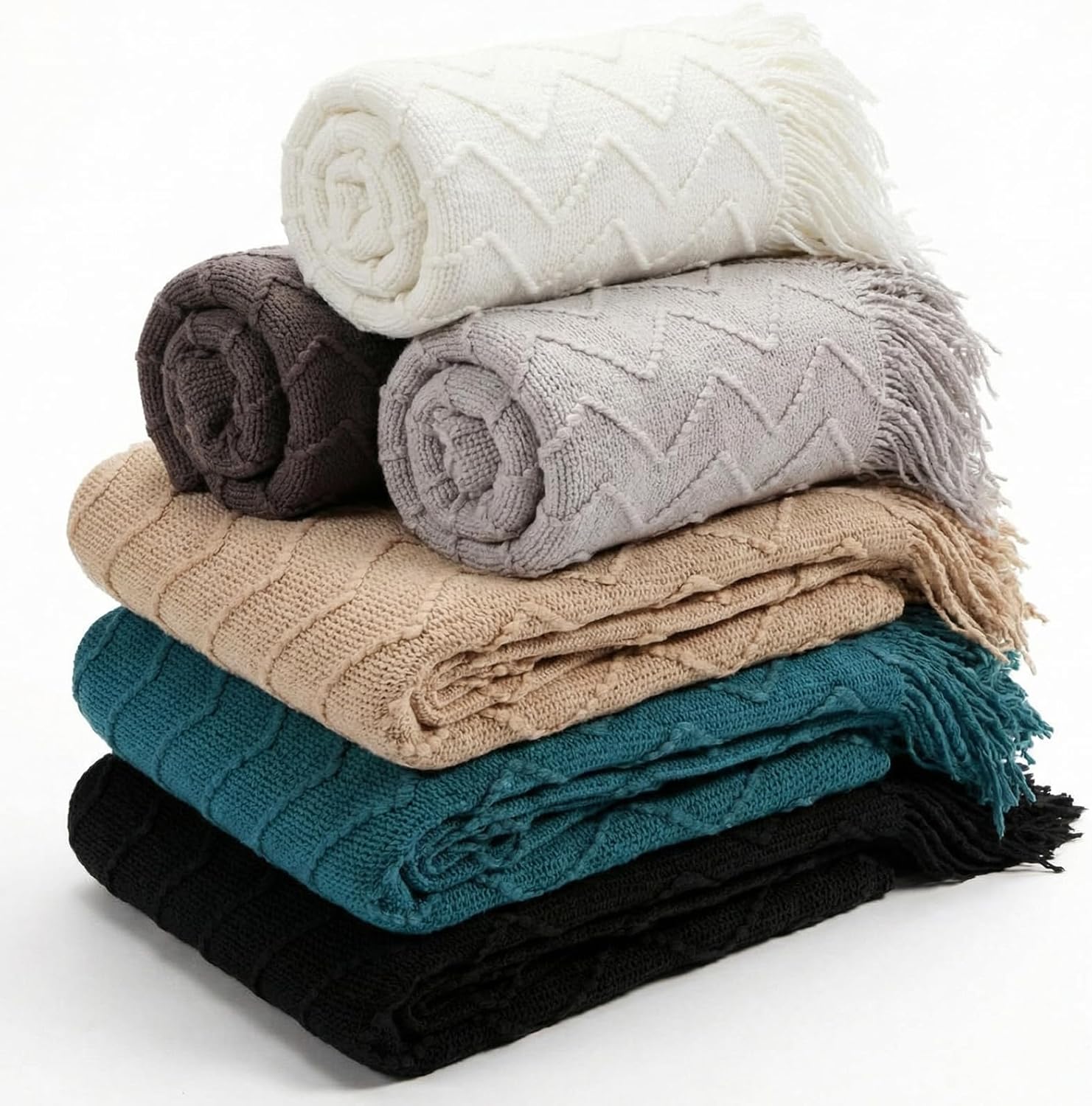 Buryeah 6 Pack Boho Knitted Throw Blankets with Tassels 50 x 60 Inch Soft Warm Rhombus Textured Blankets Bulk for Wedding Guests Christmas Birthday Employee Teacher Appreciation Gifts (Multicolor)