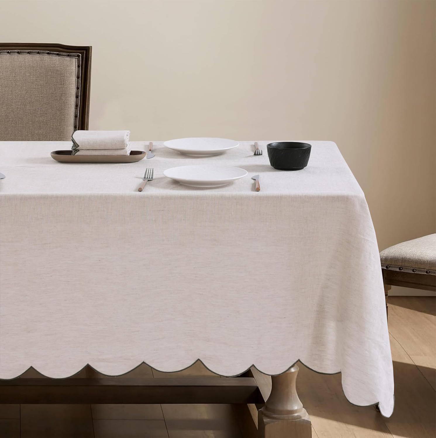 100% French Flax Linen Tablecloths Scalloped Embroidery Rectangle 144Lx60W Inch for Dinners, Spring, Machine Machine Washable, 12-14 Sets, Linen(Edges-Gold)