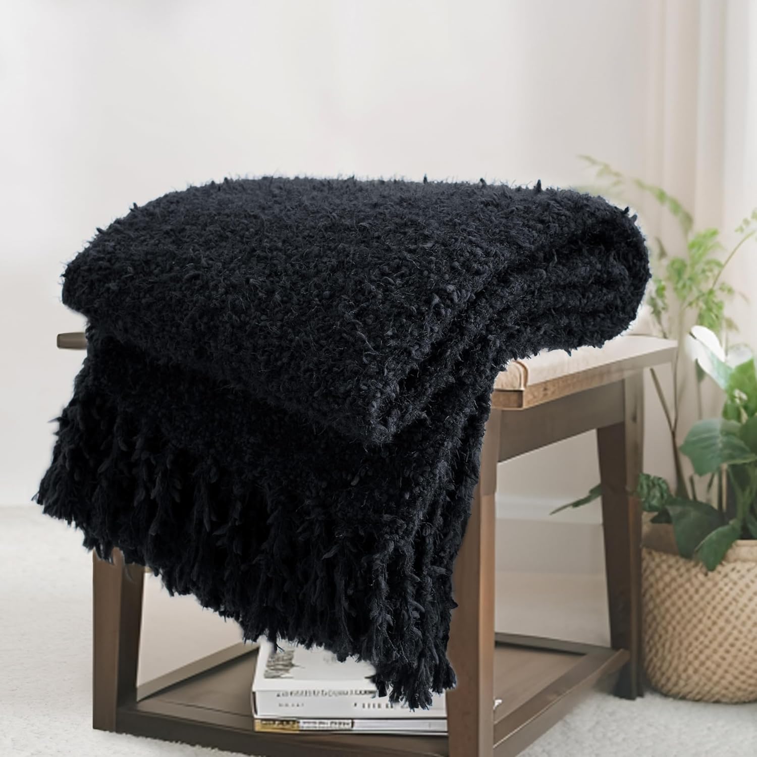 Winter Knit Throw Blanket Fluffy Fuzzy Soft Lightweight Cozy Farmhouse Tassels Chunky Knitted Throws for Couch Sofa Bed (Navy Blue, 60"x80")