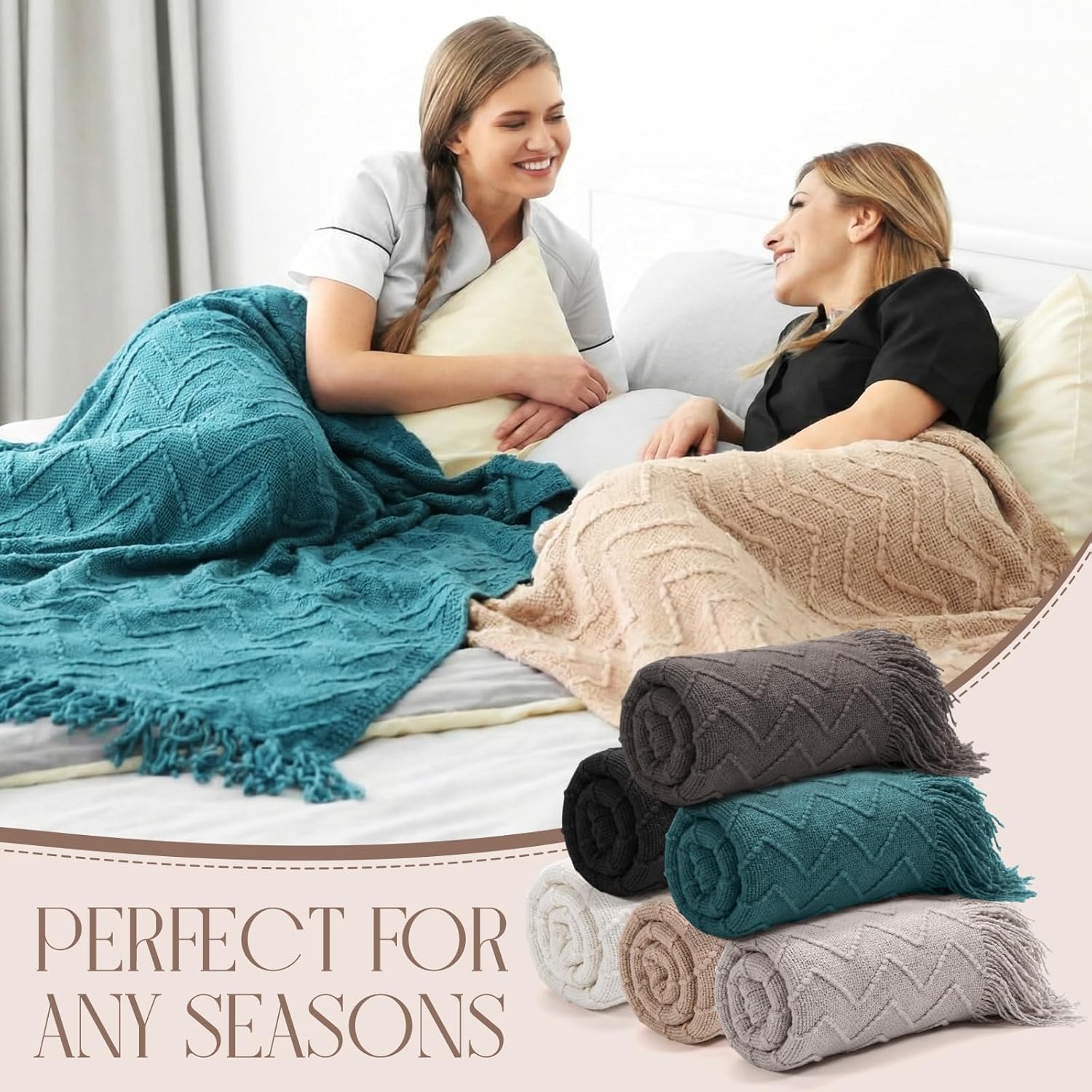 Buryeah 6 Pack Boho Knitted Throw Blankets with Tassels 50 x 60 Inch Soft Warm Rhombus Textured Blankets Bulk for Wedding Guests Christmas Birthday Employee Teacher Appreciation Gifts (Neutral Color)