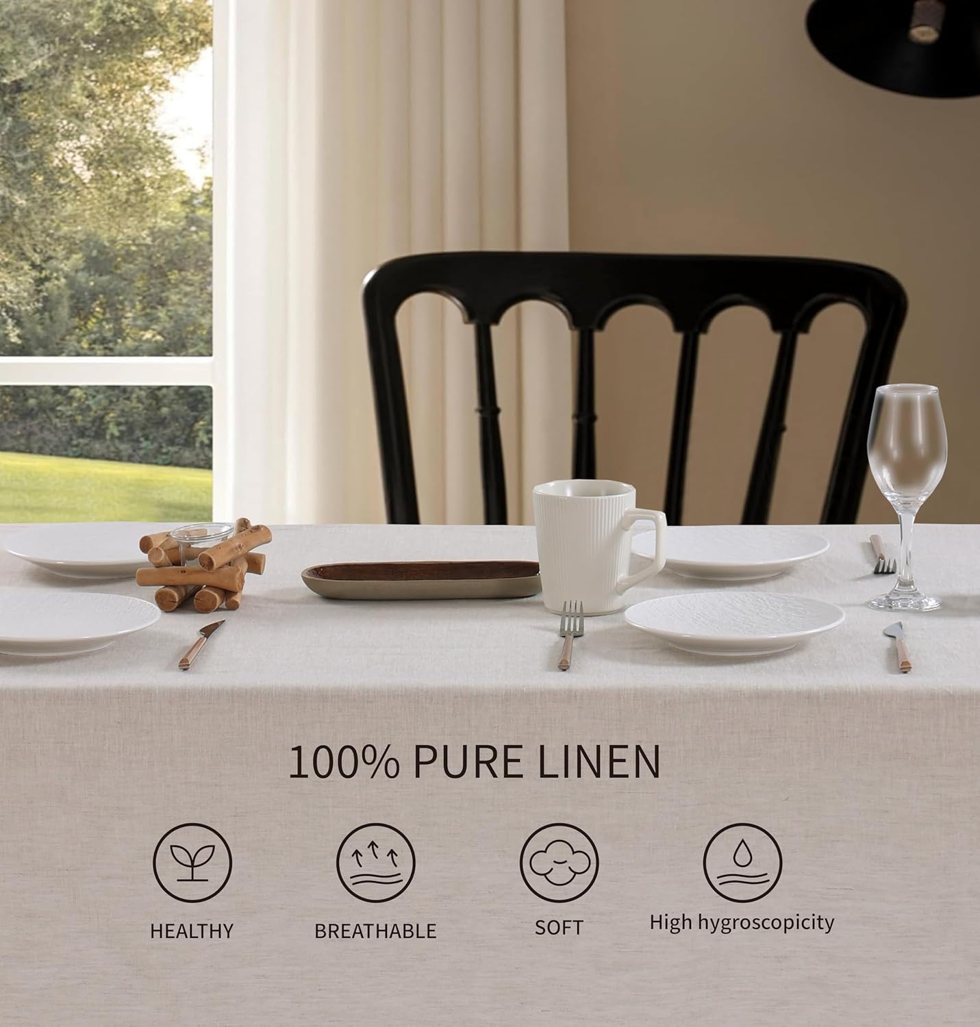 100% French Flax Linen Tablecloths Scalloped Embroidery Rectangle 144Lx60W Inch for Dinners, Spring, Machine Machine Washable, 12-14 Sets, Linen(Edges-Gold)