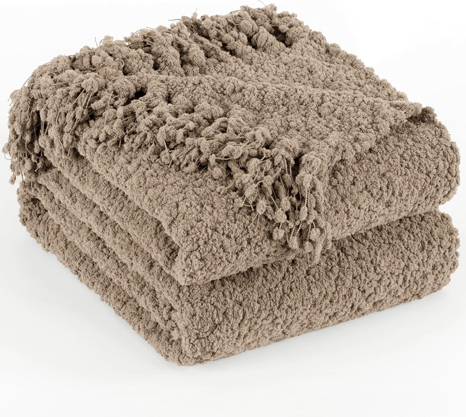 Throw Blanket for Couch, Taupe Tan Luxury Knitted Throws 60"x80", Textured Blankets with Handmade Fringe Tassels for Bed Sofa Decorative, Chunky Soft Farmhouse Boho Home Decor