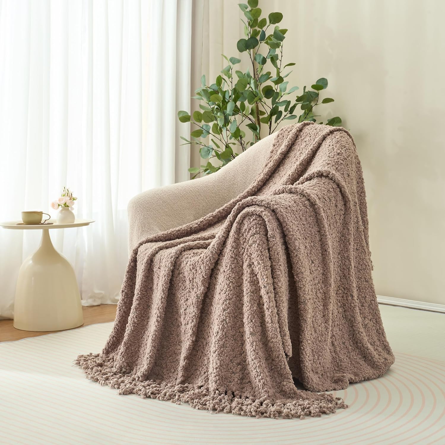 Throw Blanket for Couch, Taupe Tan Luxury Knitted Throws 60"x80", Textured Blankets with Handmade Fringe Tassels for Bed Sofa Decorative, Chunky Soft Farmhouse Boho Home Decor