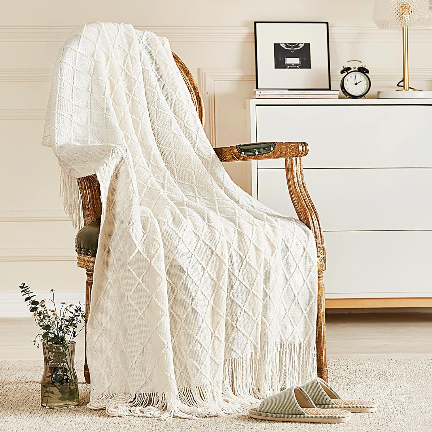 inhand Throw Blanket for Couch Bed,Chunky Chenille Woven Soft Blankets with Tassels, Cozy Boho Farmhouse Fall Winter Decor,Warm for Women,60"x80",Extra Thick-Off White