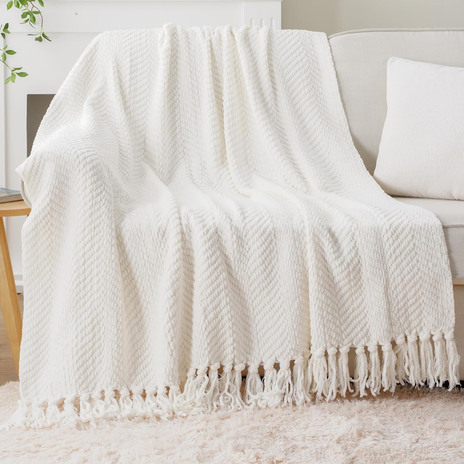 BATTILO HOME Beige Throw Blanket for Couch, Knitted Beige Throw for Bed, Neutral Throw Blankets Tan Throw Blanket for Room Decor Housewarming Gifts, 50" x 60"