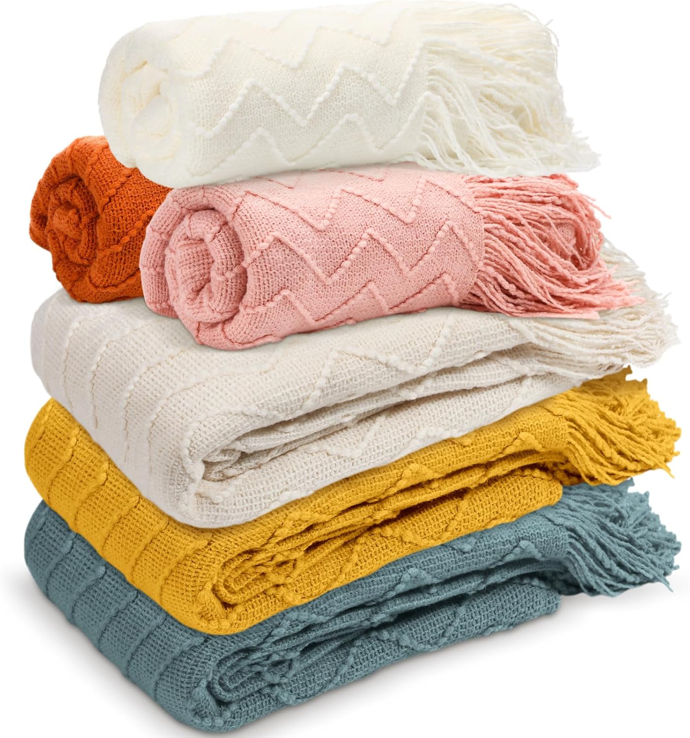 Buryeah 6 Pack Boho Knitted Throw Blankets with Tassels 50 x 60 Inch Soft Warm Rhombus Textured Blankets Bulk for Wedding Guests Christmas Birthday Employee Teacher Appreciation Gifts (Multicolor)