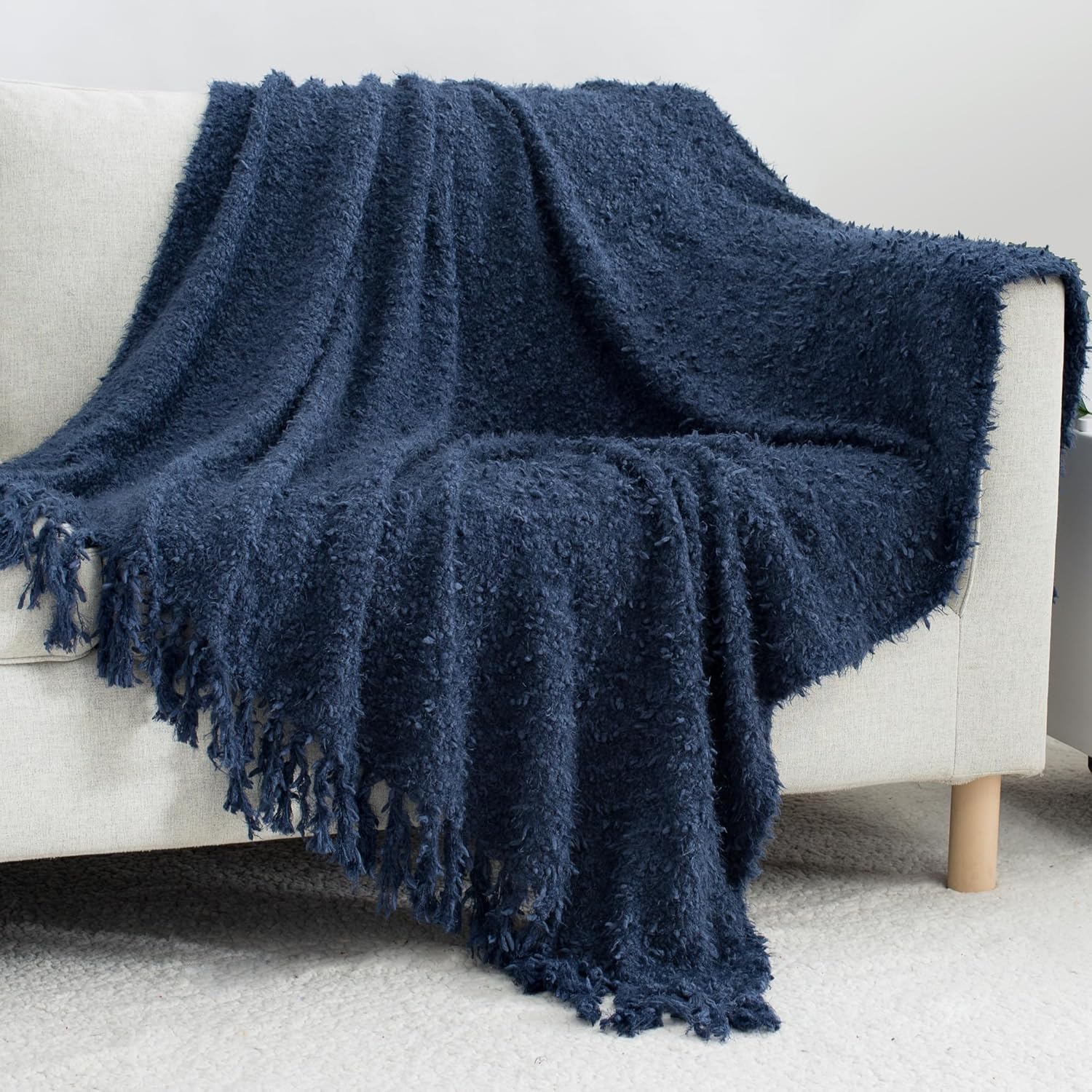 Winter Knit Throw Blanket Fluffy Fuzzy Soft Lightweight Cozy Farmhouse Tassels Chunky Knitted Throws for Couch Sofa Bed (Navy Blue, 60"x80")