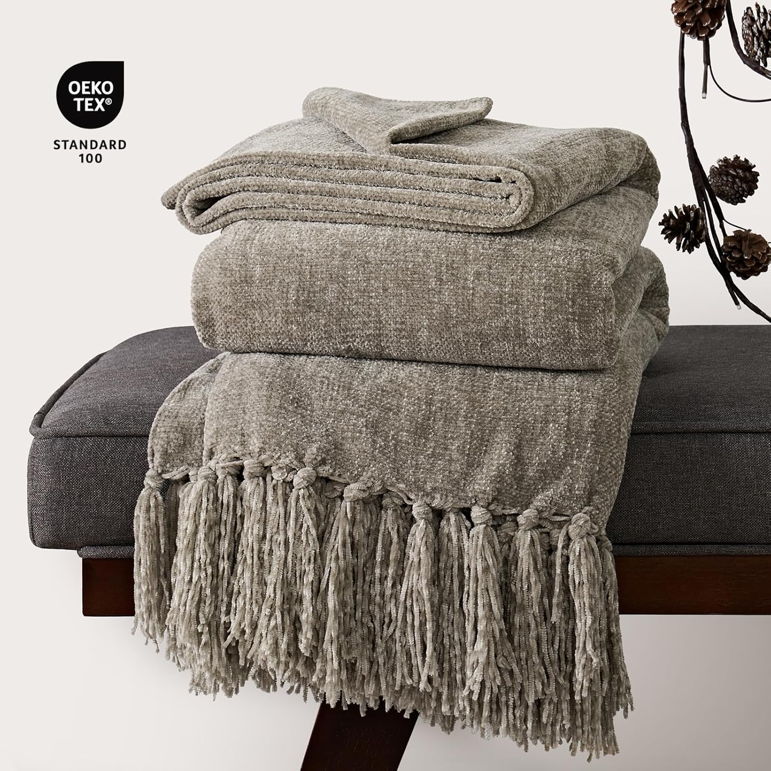 EverGrace Soft Chenille Bed Blanket Queen Size for Bed, Cozy Plush Fuzzy Lightweight Decorative Chenille Knit Throw Blanket with Tassels for Couch Sofa Gift Home Decor, Taupe 90"x90"