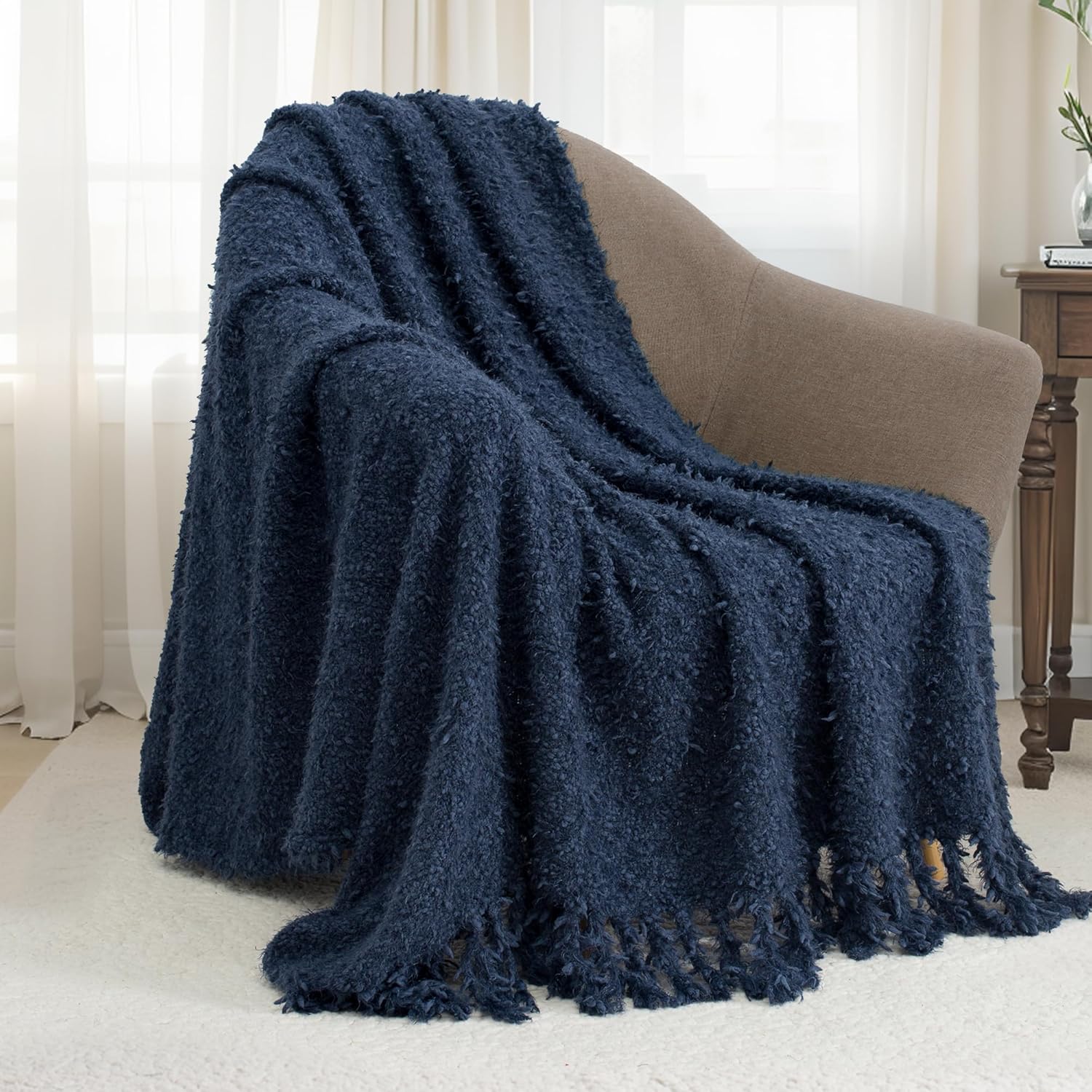 Winter Knit Throw Blanket Fluffy Fuzzy Soft Lightweight Cozy Farmhouse Tassels Chunky Knitted Throws for Couch Sofa Bed (Navy Blue, 60"x80")