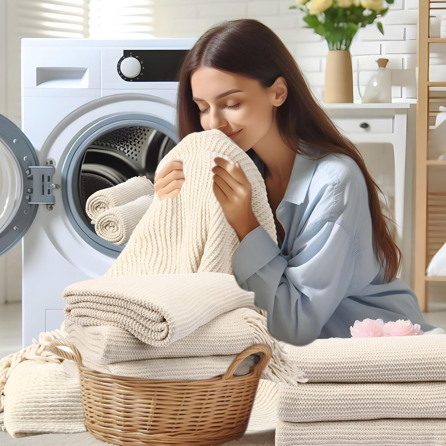 6 Pcs Beige Boho Throw Blankets Bulk Cozy Knitted Bed Throw Blanket with Tassels Woven Textured Decorative Throw Blanket for Couch Room Sofa Bed Chair Acrylic Wave Pattern, 50" x 60"