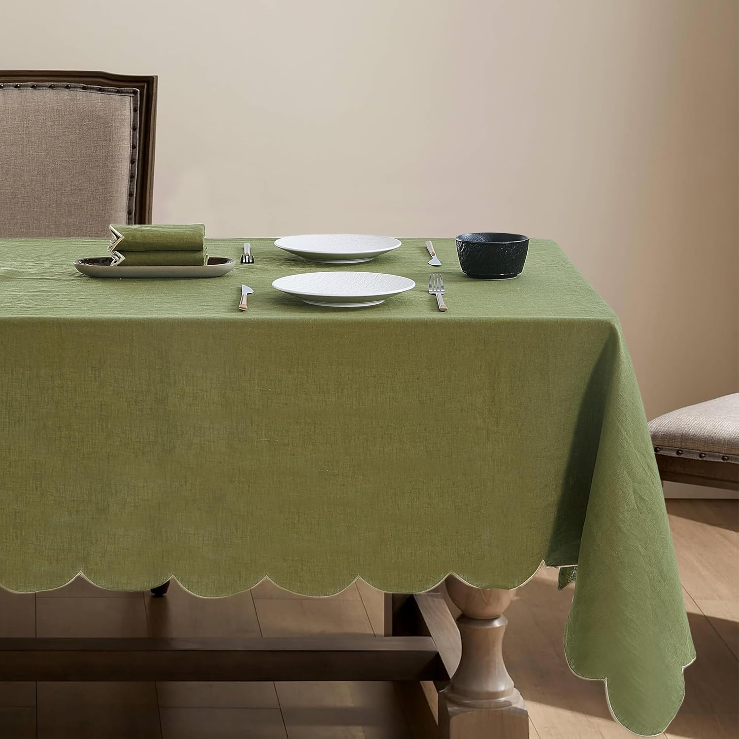 100% French Flax Linen Tablecloths Scalloped Embroidery Rectangle 144Lx60W Inch for Dinners, Spring, Machine Machine Washable, 12-14 Sets, Linen(Edges-Gold)