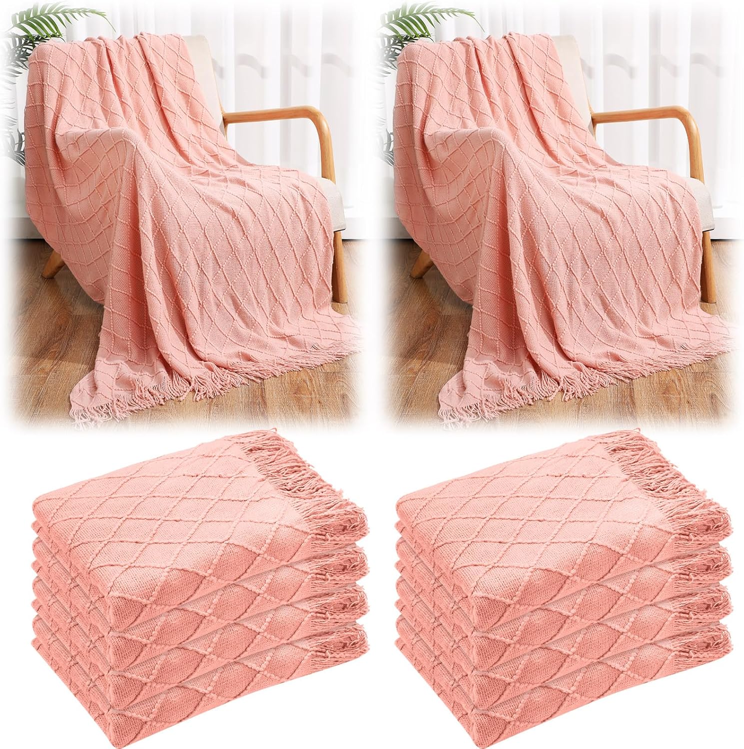 VitalCozy 51" x 71" Knitted Throw Blankets with Tassel Soft Warm Rhombus Textured Blankets for Graduation Season Employee Gifts Teacher Wedding Guests Appreciation Gifts Bulk(Green,10 Pcs)