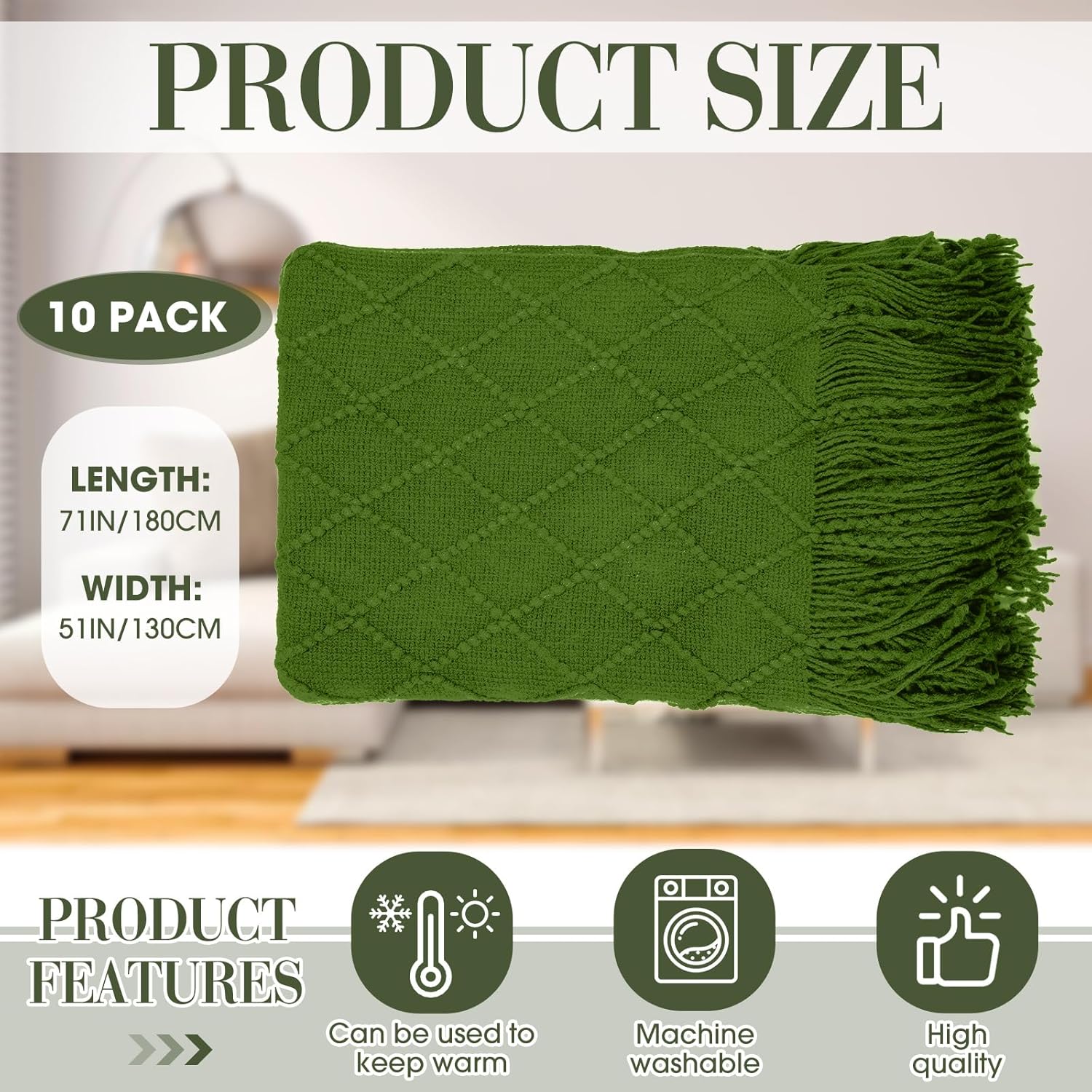 VitalCozy 51" x 71" Knitted Throw Blankets with Tassel Soft Warm Rhombus Textured Blankets for Graduation Season Employee Gifts Teacher Wedding Guests Appreciation Gifts Bulk(Green,10 Pcs)