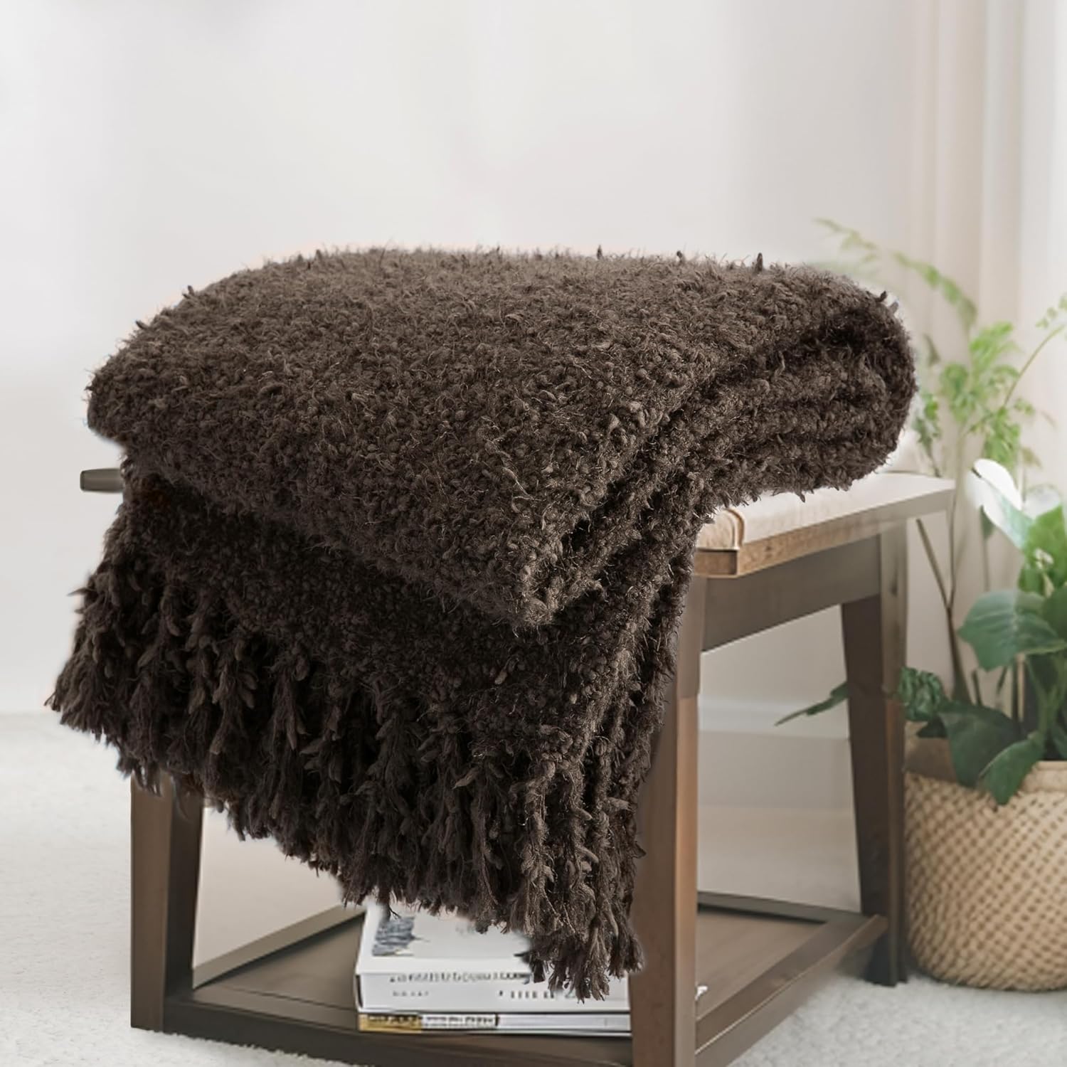 Knit Throw Blanket Fluffy Fuzzy Soft Lightweight Cozy Farmhouse Tassels Chunky Knitted Throws for Couch Sofa Bed (Brown, 60"x80")