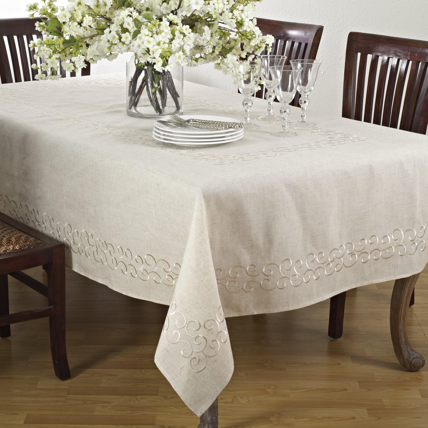 SARO LIFESTYLE Swirling Collection Design Tablecloth, 67" x 160", Natural