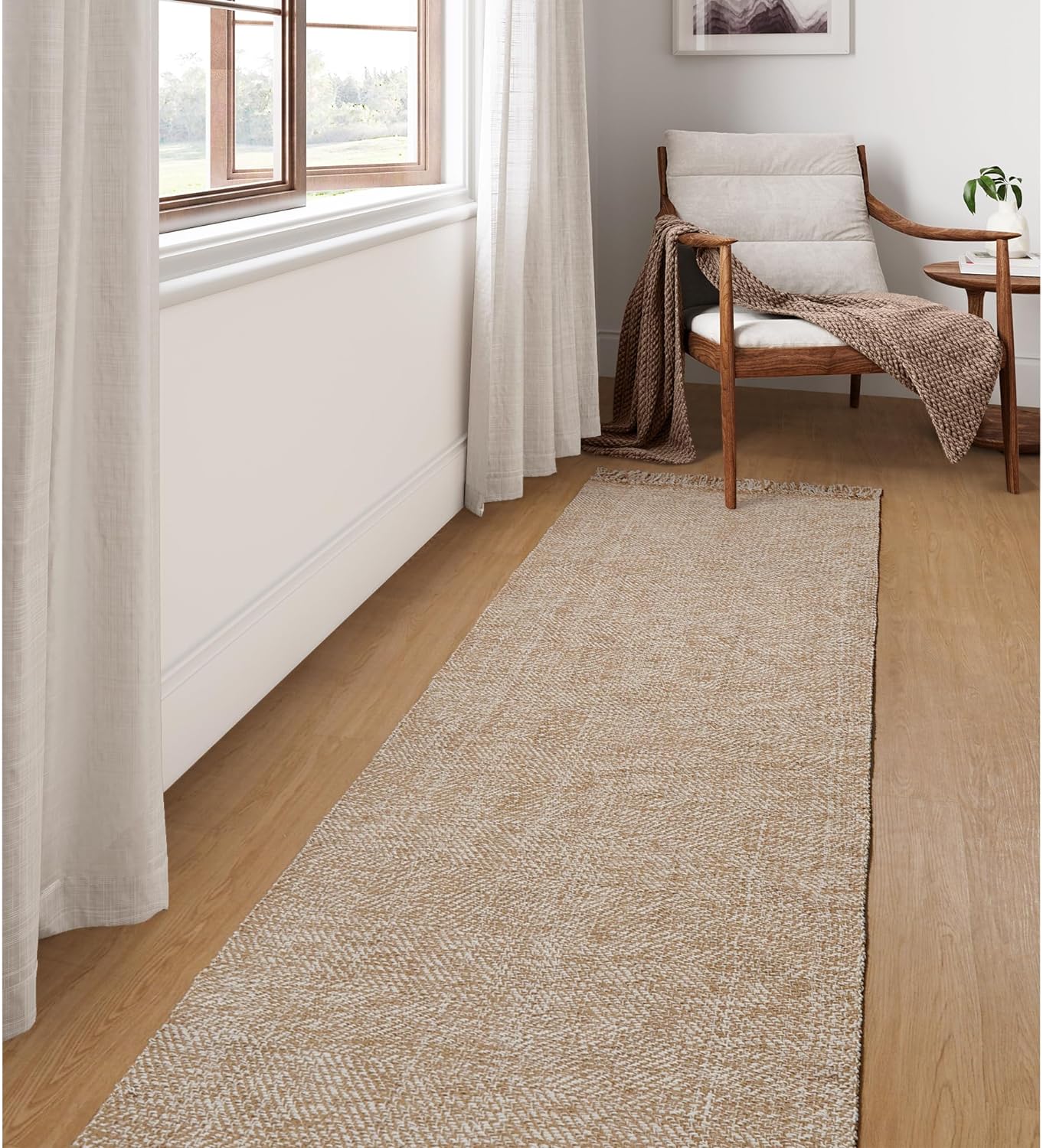 Collive Comfy Area Rug 4' x 6', Tan/Cream Woven Cotton Bedroom Rugs, Modern Indoor Accent Rug Floor Carpet with Tassel for Living Room, Nursery Room, Dining Room, Bedside, Office, Patio Decor