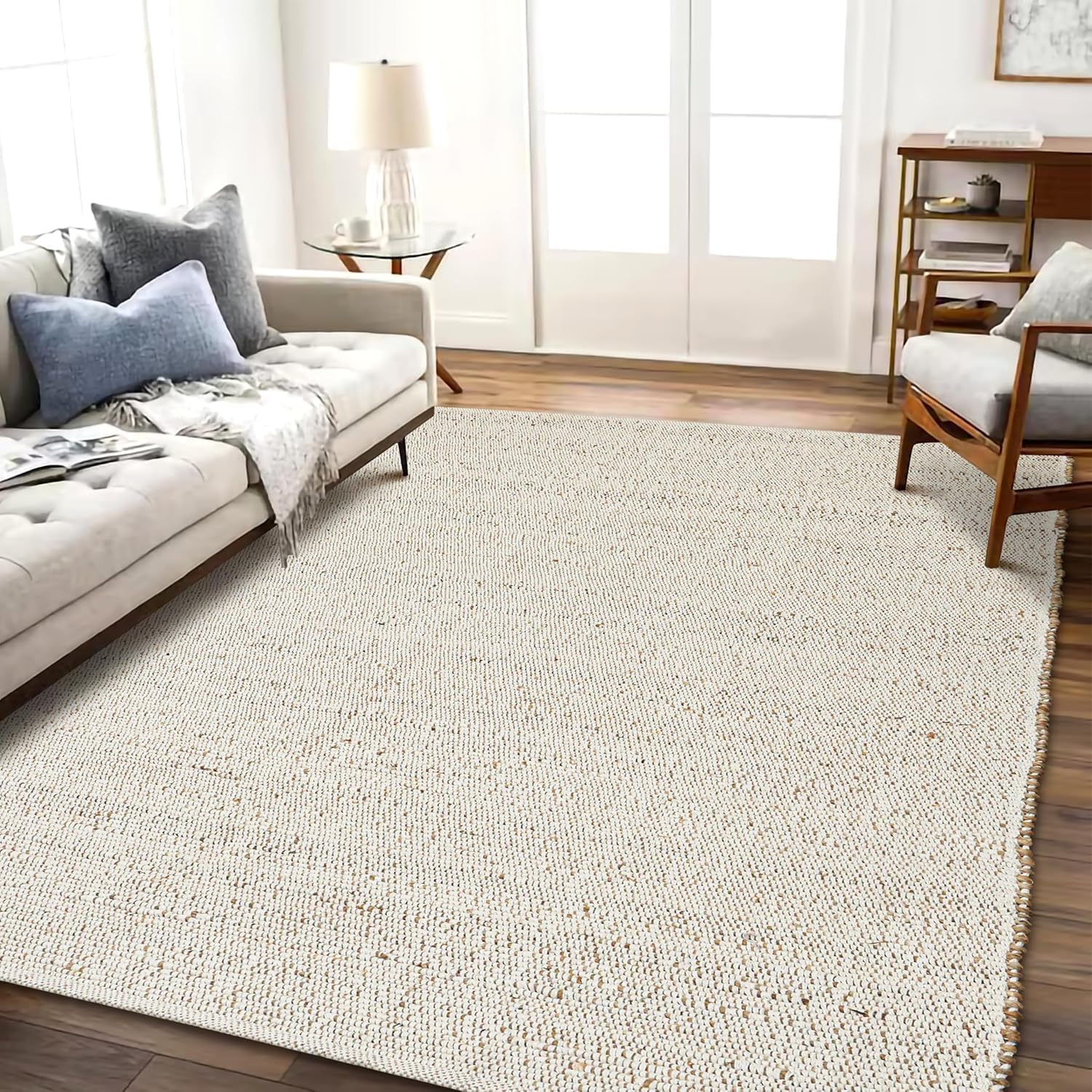 GRUHUM Jute Cotton Area Rug 8'x10' ft Large Hand Woven Natural Farmhouse Rug for Living Room, Bedroom Kitchen - Rustic Vintage Bohemian Eco-Friendly Carpet Home Décor 8x10 ft Natural Boho Rug