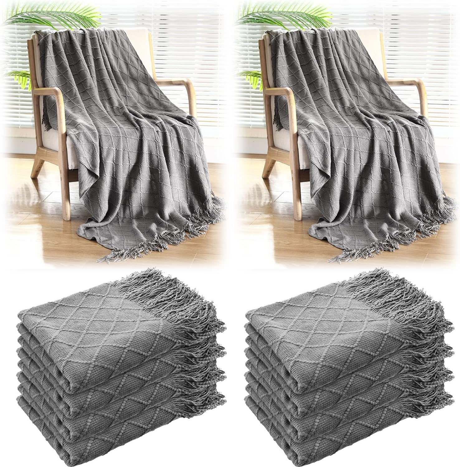 VitalCozy 51" x 71" Knitted Throw Blankets with Tassel Soft Warm Rhombus Textured Blankets for Graduation Season Employee Gifts Teacher Wedding Guests Appreciation Gifts Bulk(Green,10 Pcs)