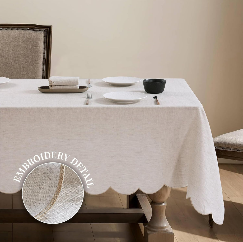 100% French Flax Linen Tablecloths Scalloped Embroidery Rectangle 144Lx60W Inch for Dinners, Spring, Machine Machine Washable, 12-14 Sets, Linen(Edges-Gold)