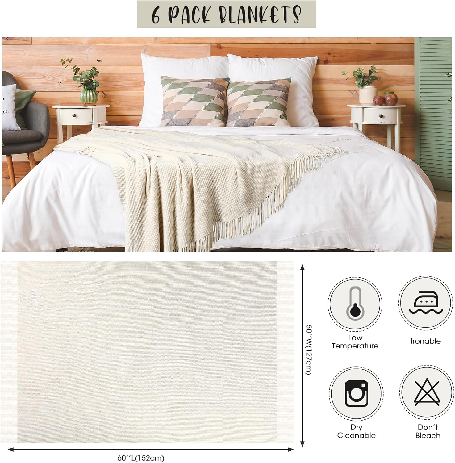 6 Pcs Beige Boho Throw Blankets Bulk Cozy Knitted Bed Throw Blanket with Tassels Woven Textured Decorative Throw Blanket for Couch Room Sofa Bed Chair Acrylic Wave Pattern, 50" x 60"