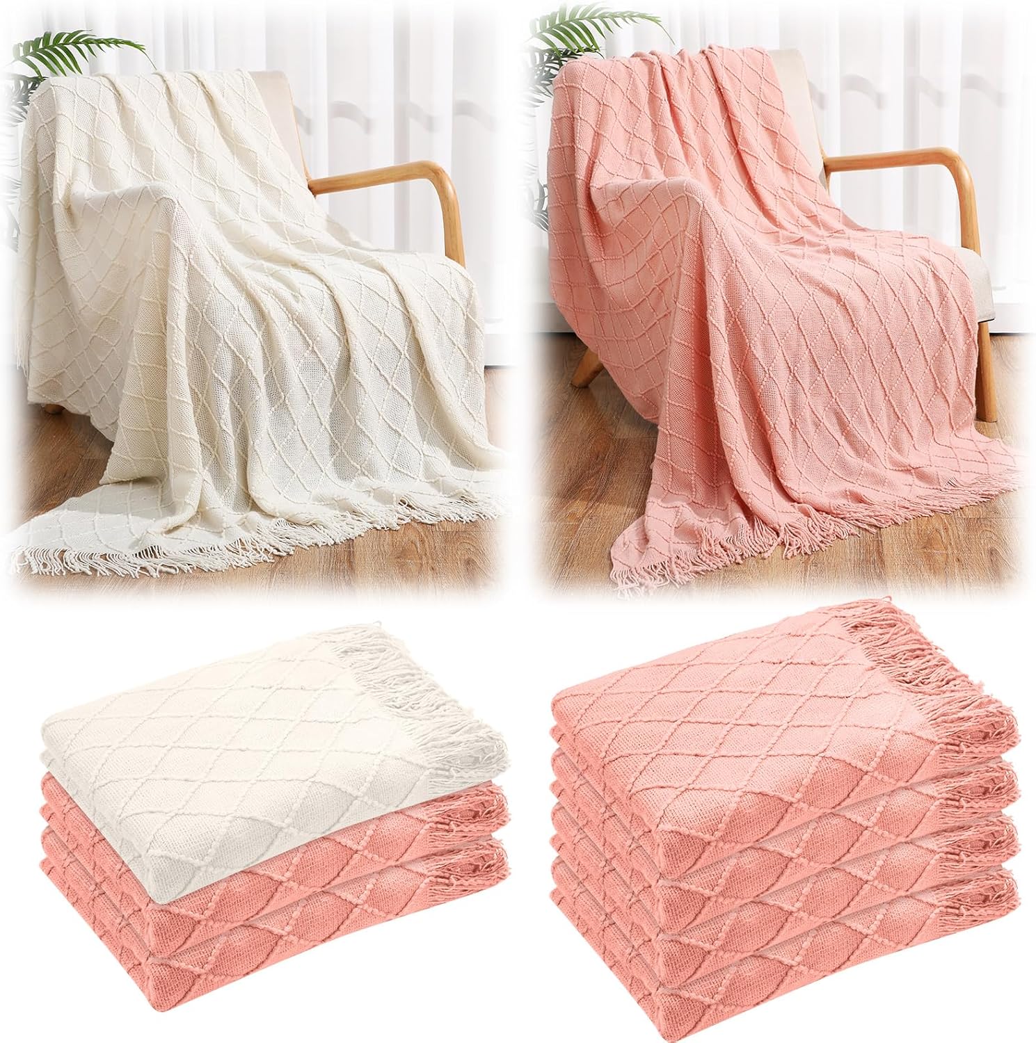 VitalCozy 51" x 71" Knitted Throw Blankets with Tassel Soft Warm Rhombus Textured Blankets for Graduation Season Employee Gifts Teacher Wedding Guests Appreciation Gifts Bulk(Green,10 Pcs)