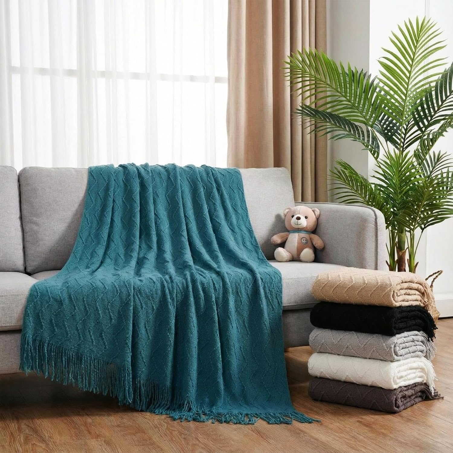 Buryeah 6 Pack Boho Knitted Throw Blankets with Tassels 50 x 60 Inch Soft Warm Rhombus Textured Blankets Bulk for Wedding Guests Christmas Birthday Employee Teacher Appreciation Gifts (Neutral Color)