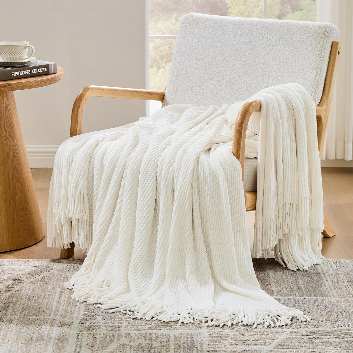 inhand Throw Blanket for Couch Bed,Chunky Chenille Woven Soft Blankets with Tassels, Cozy Boho Farmhouse Fall Winter Decor,Warm for Women,60"x80",Extra Thick-Off White