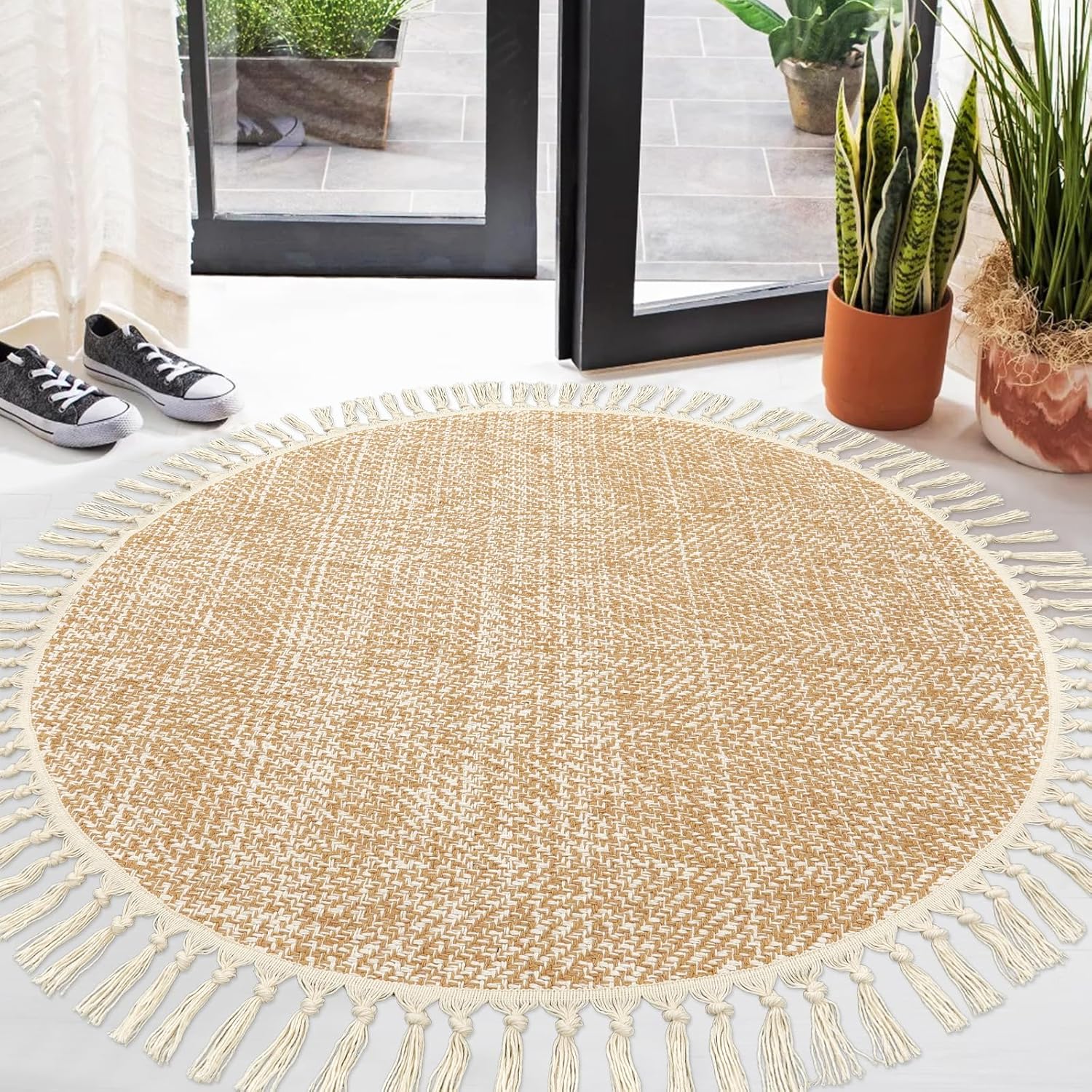 Collive Comfy Area Rug 4' x 6', Tan/Cream Woven Cotton Bedroom Rugs, Modern Indoor Accent Rug Floor Carpet with Tassel for Living Room, Nursery Room, Dining Room, Bedside, Office, Patio Decor