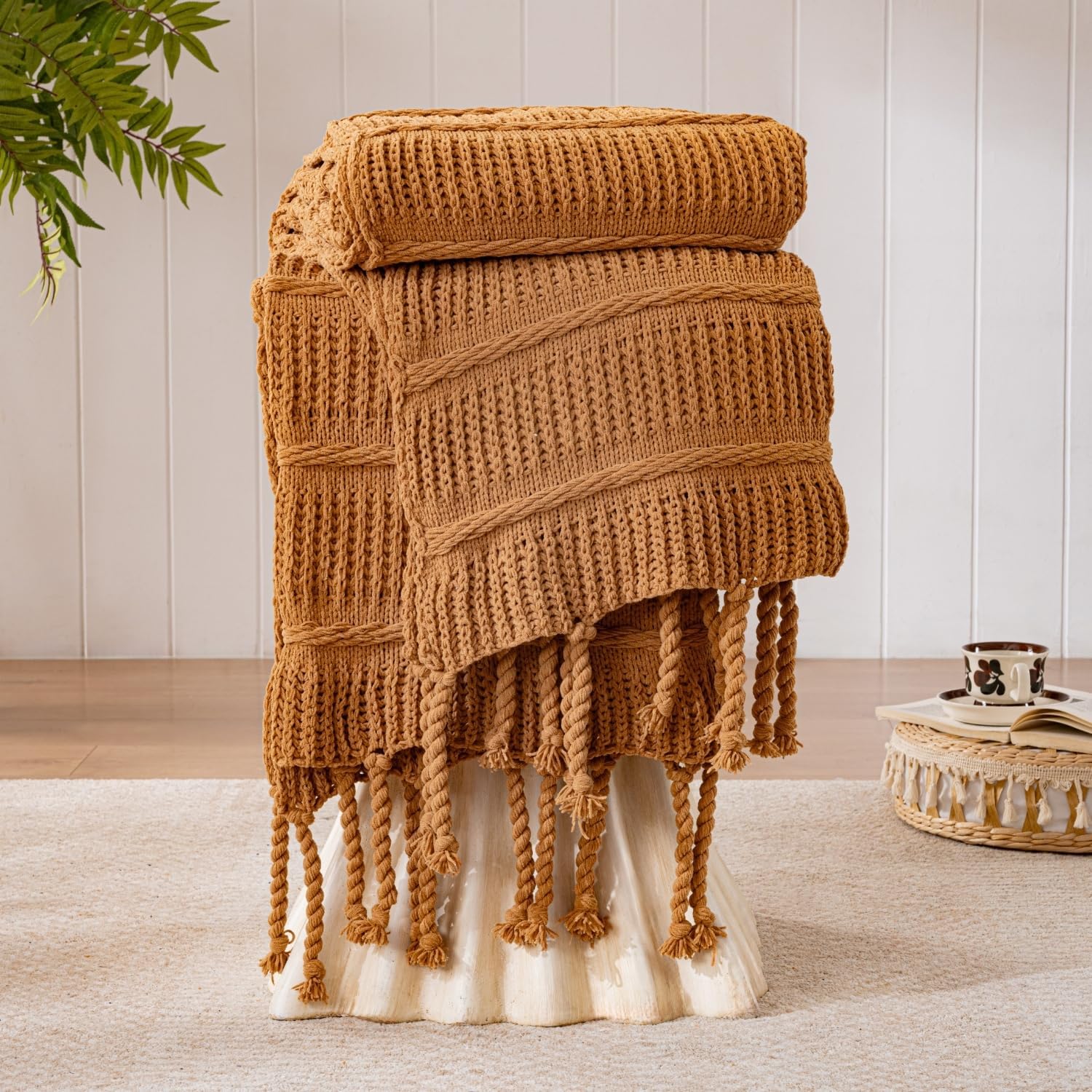 Boho Knitted Chenille Blanket with Tassels - Lightweight & Soft All-Season Throw - 3D Classic Pattern for Living Room Bedroom Couch, Cloud White, King 90"x108"