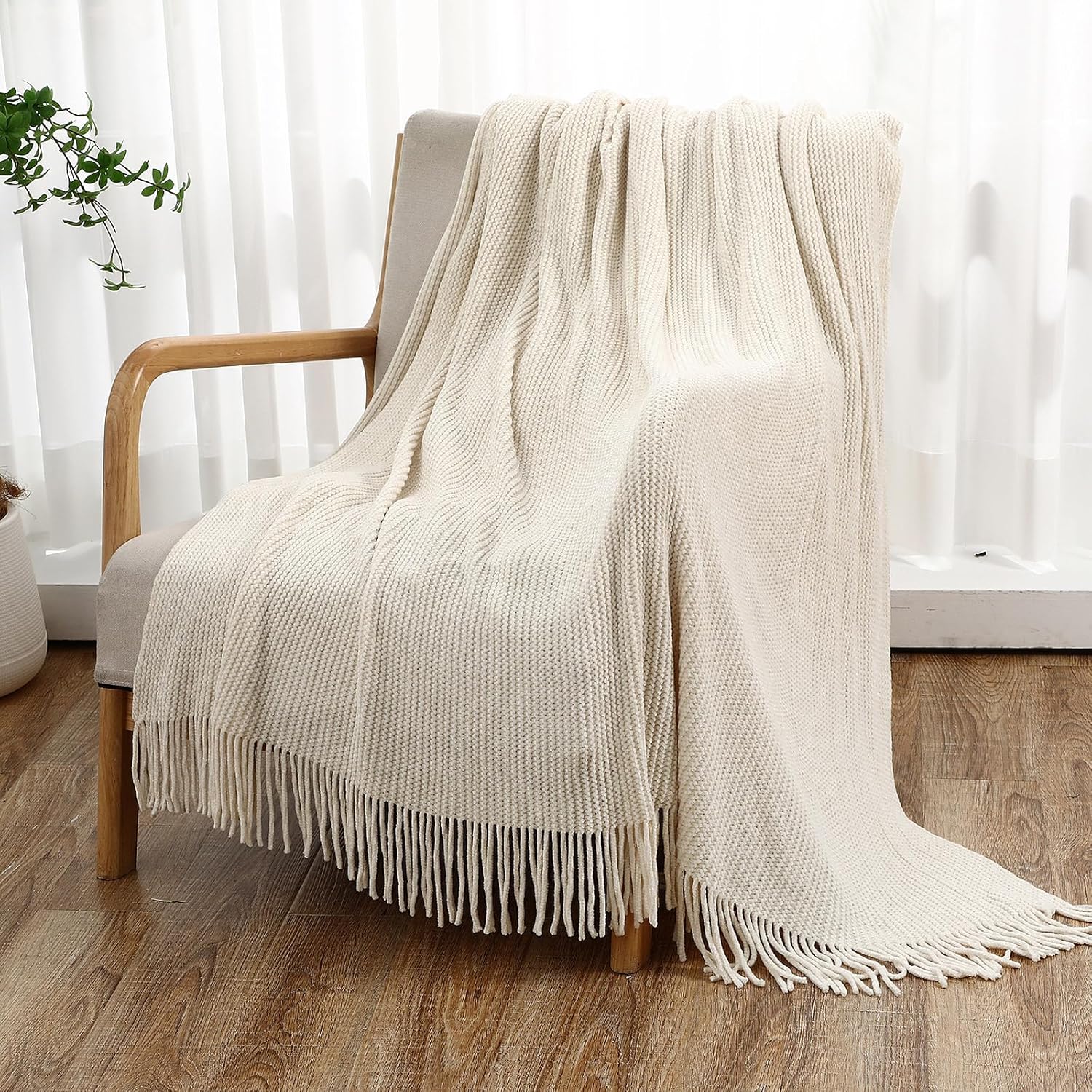 6 Pcs Beige Boho Throw Blankets Bulk Cozy Knitted Bed Throw Blanket with Tassels Woven Textured Decorative Throw Blanket for Couch Room Sofa Bed Chair Acrylic Wave Pattern, 50" x 60"