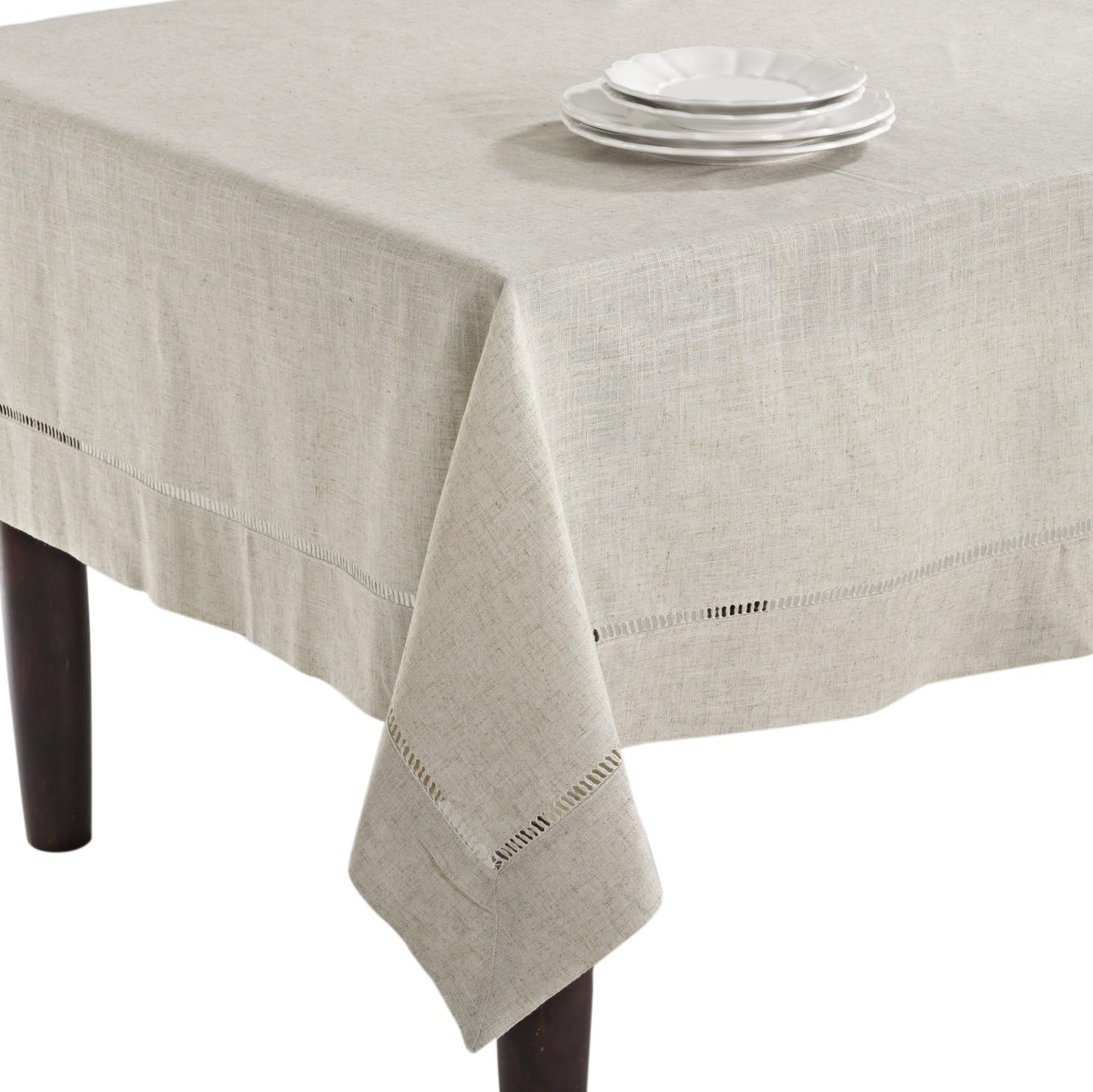 SARO LIFESTYLE Poly and Linen Blend Toscana Tablecloth with Hemstitch Border, Natural, 65"x160"