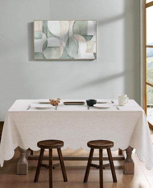 100% French Flax Linen Tablecloths Scalloped Embroidery Rectangle 144Lx60W Inch for Dinners, Spring, Machine Machine Washable, 12-14 Sets, Linen(Edges-Gold)