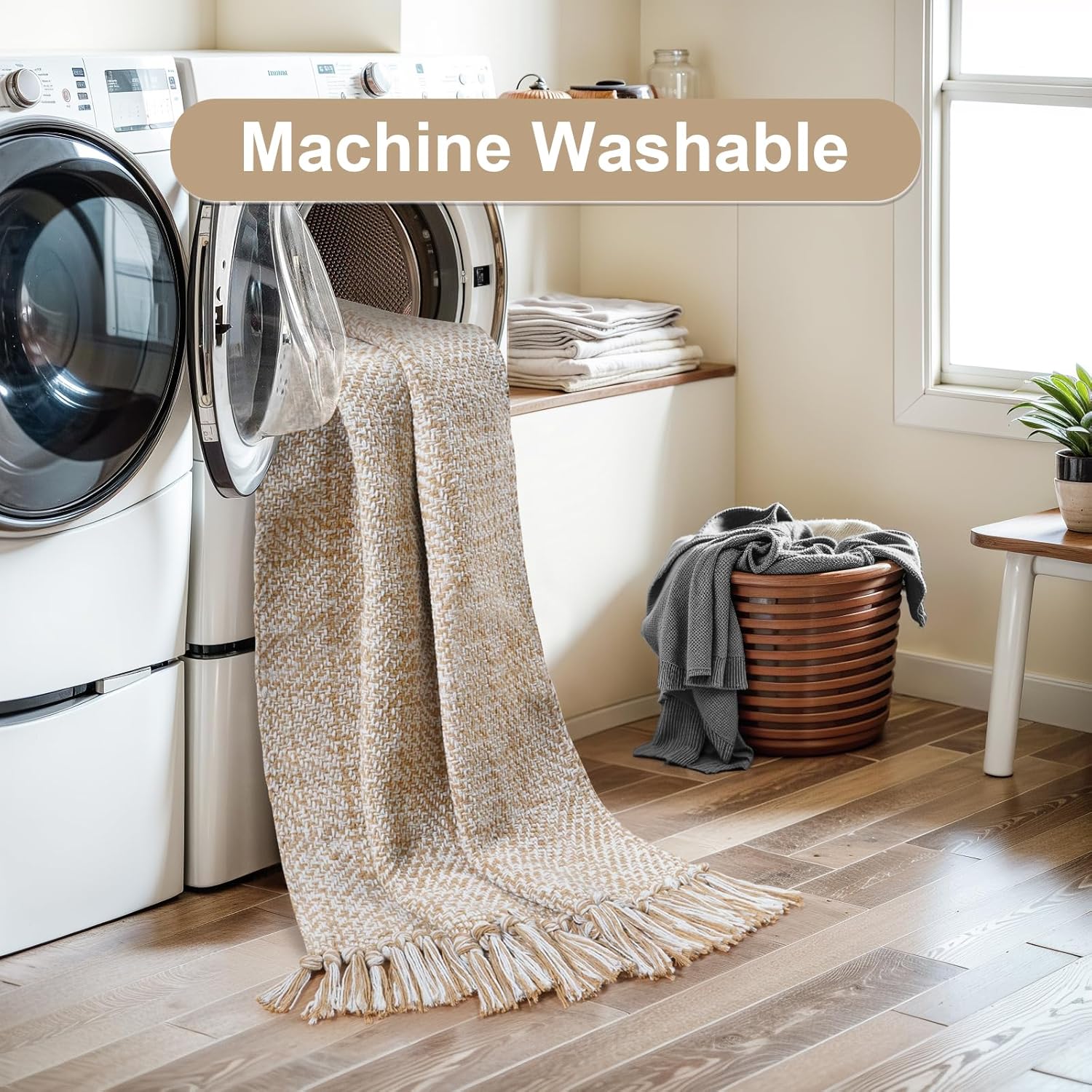 Collive Comfy Area Rug 4' x 6', Tan/Cream Woven Cotton Bedroom Rugs, Modern Indoor Accent Rug Floor Carpet with Tassel for Living Room, Nursery Room, Dining Room, Bedside, Office, Patio Decor