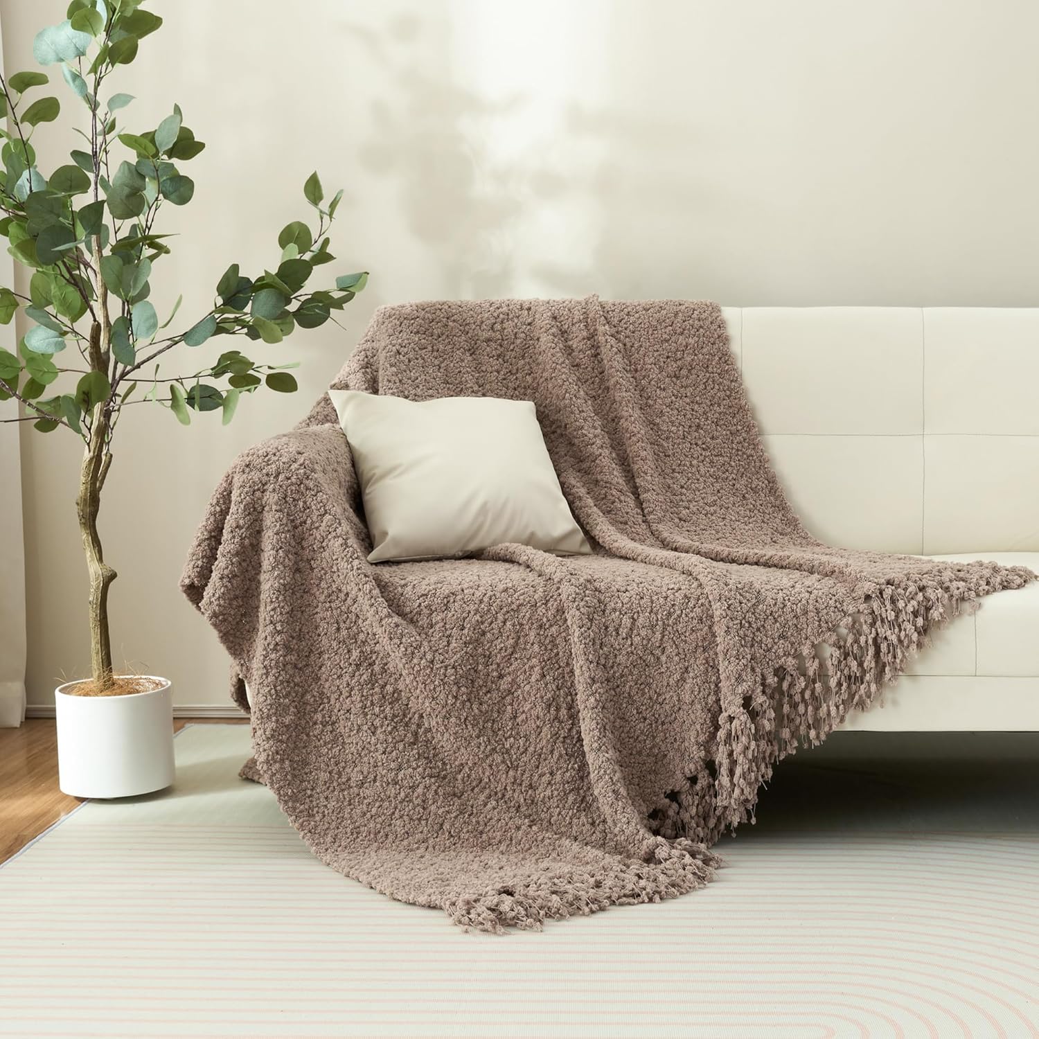 Throw Blanket for Couch, Taupe Tan Luxury Knitted Throws 60"x80", Textured Blankets with Handmade Fringe Tassels for Bed Sofa Decorative, Chunky Soft Farmhouse Boho Home Decor