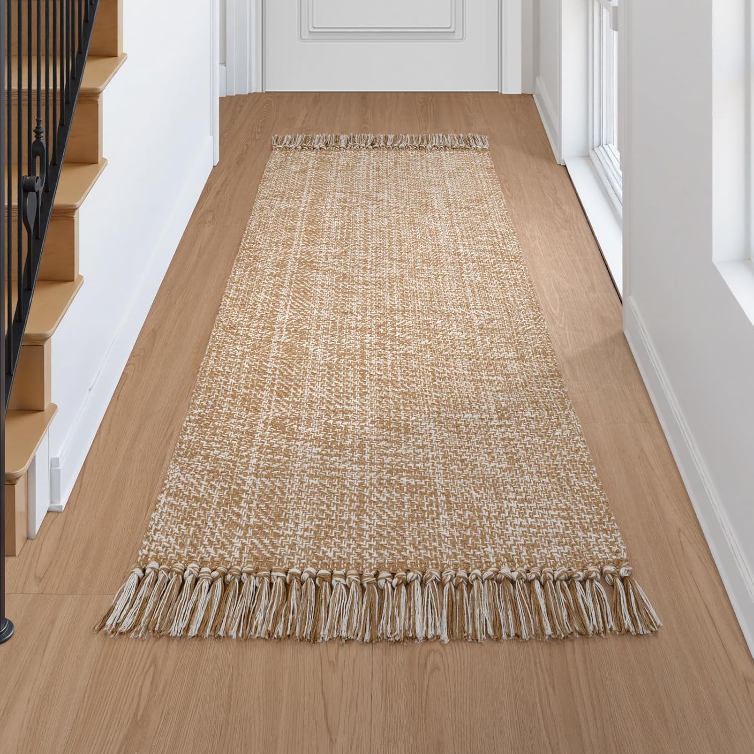 Collive Comfy Area Rug 4' x 6', Tan/Cream Woven Cotton Bedroom Rugs, Modern Indoor Accent Rug Floor Carpet with Tassel for Living Room, Nursery Room, Dining Room, Bedside, Office, Patio Decor